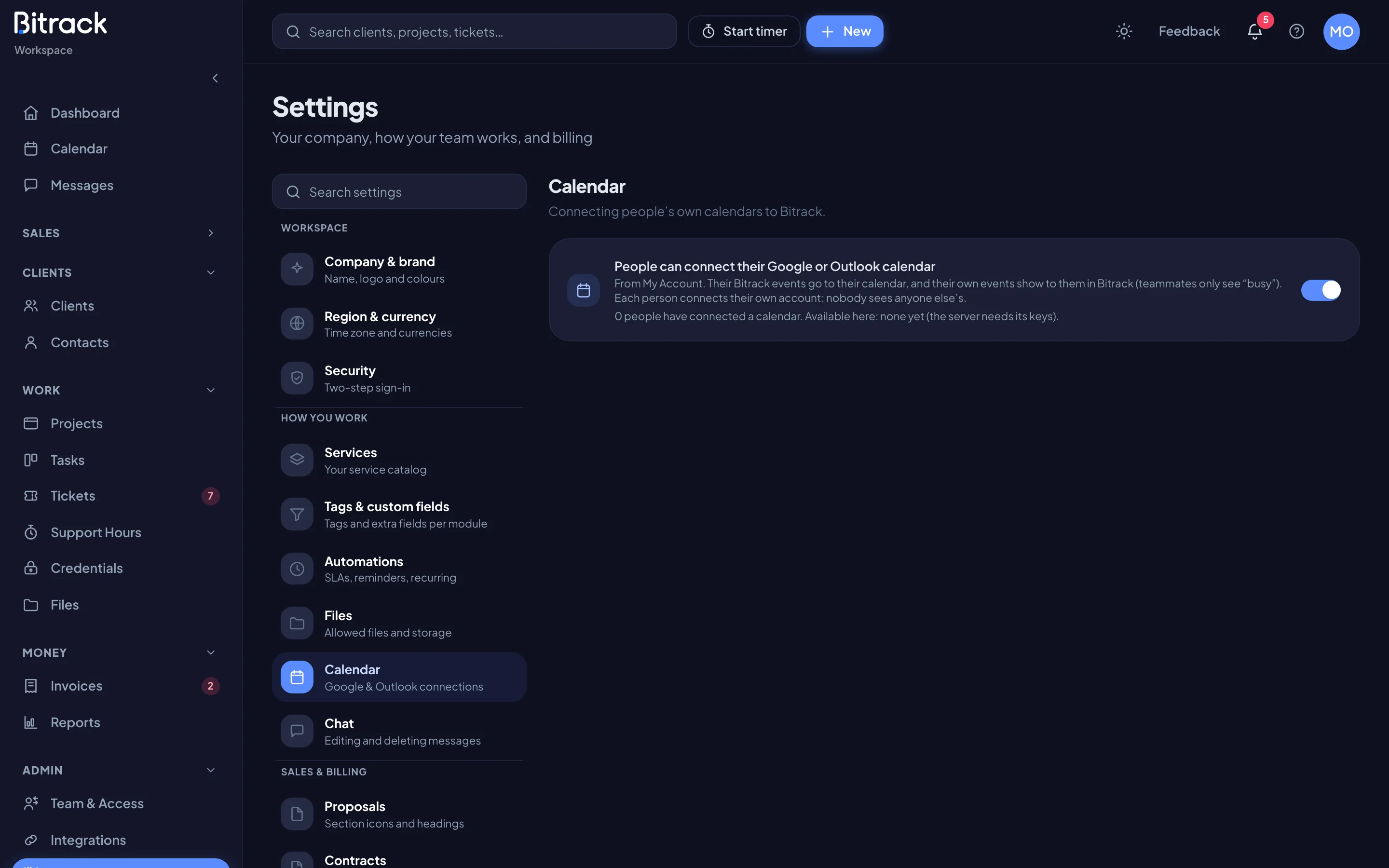 The Calendar section with the calendar connections switch (dark mode)