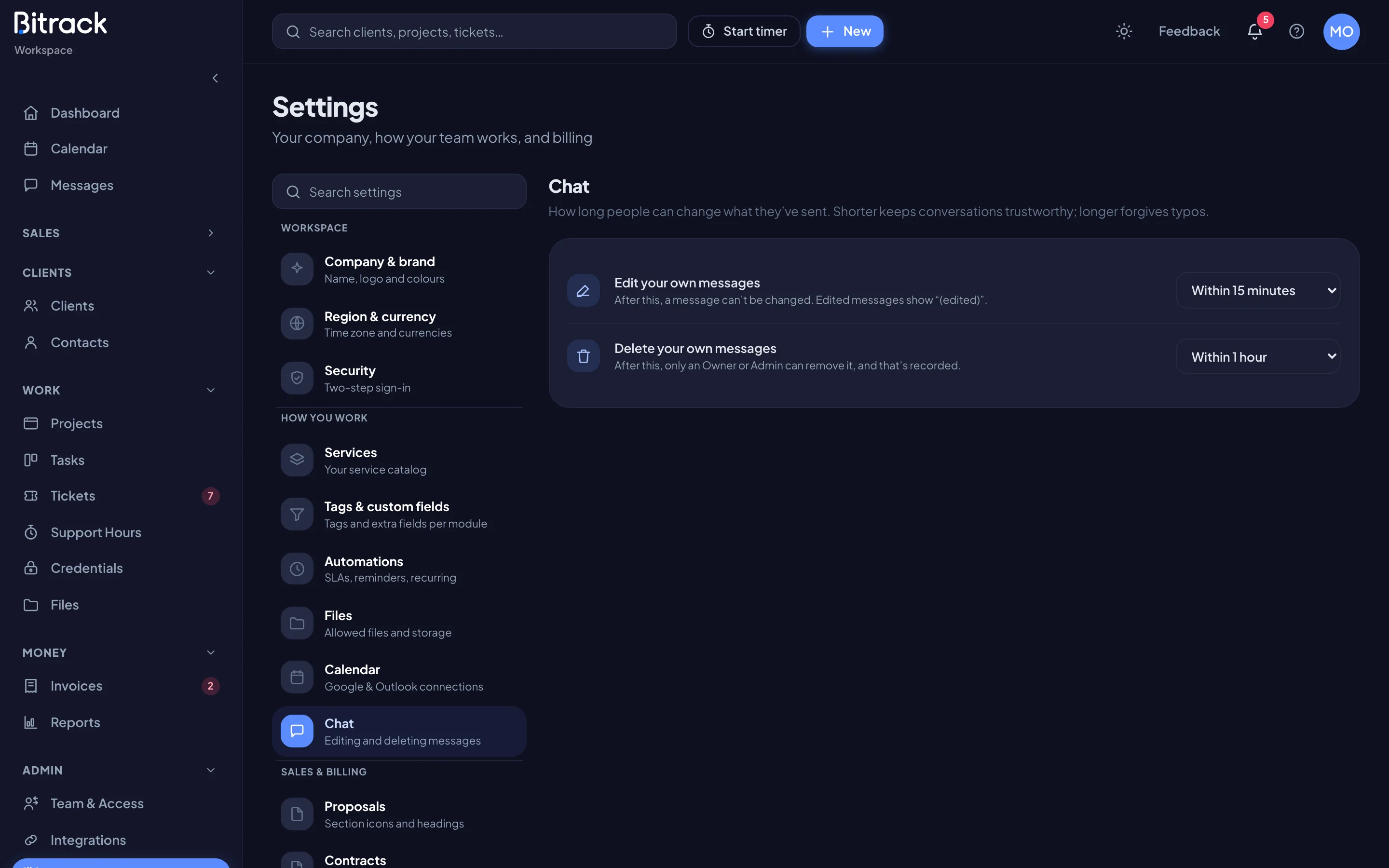 The Chat section with the edit and delete time limits (dark mode)