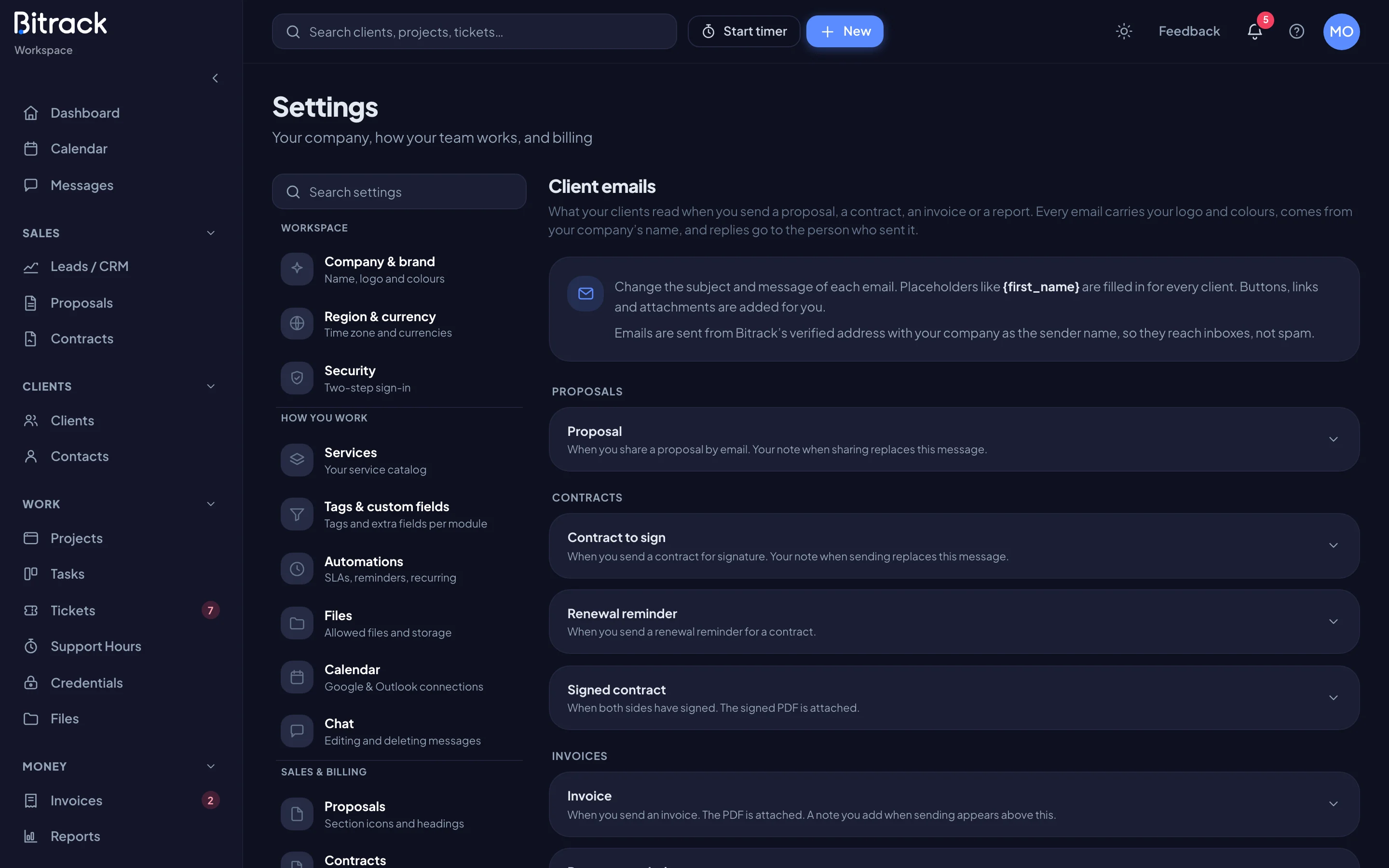 The Client emails section with emails grouped by module (dark mode)
