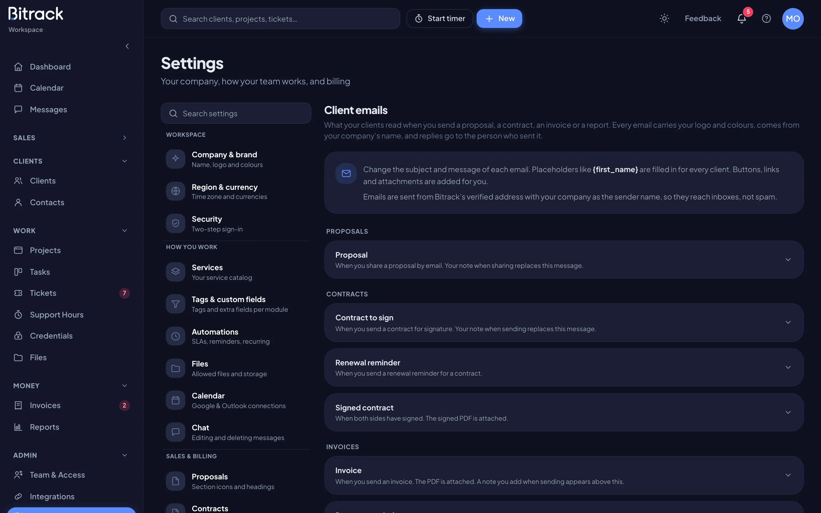 An email opened for editing, with subject, message and placeholders (dark mode)