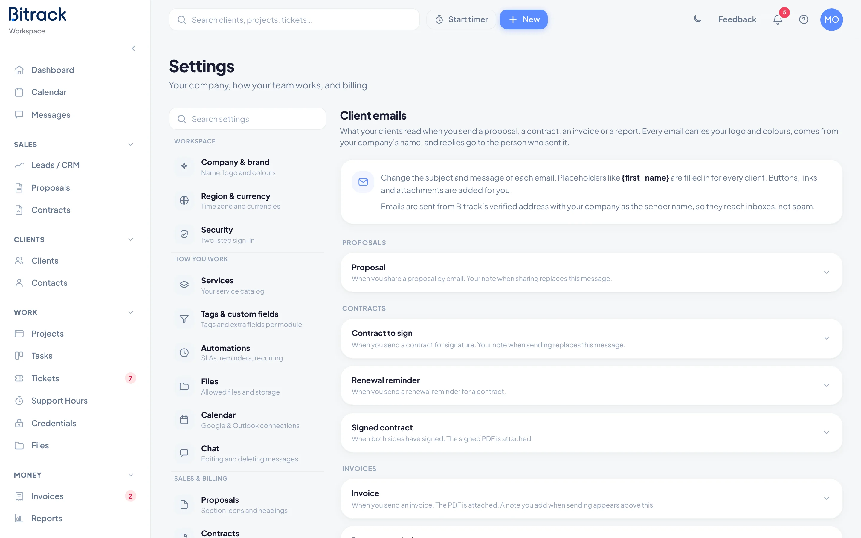 The Client emails section with emails grouped by module