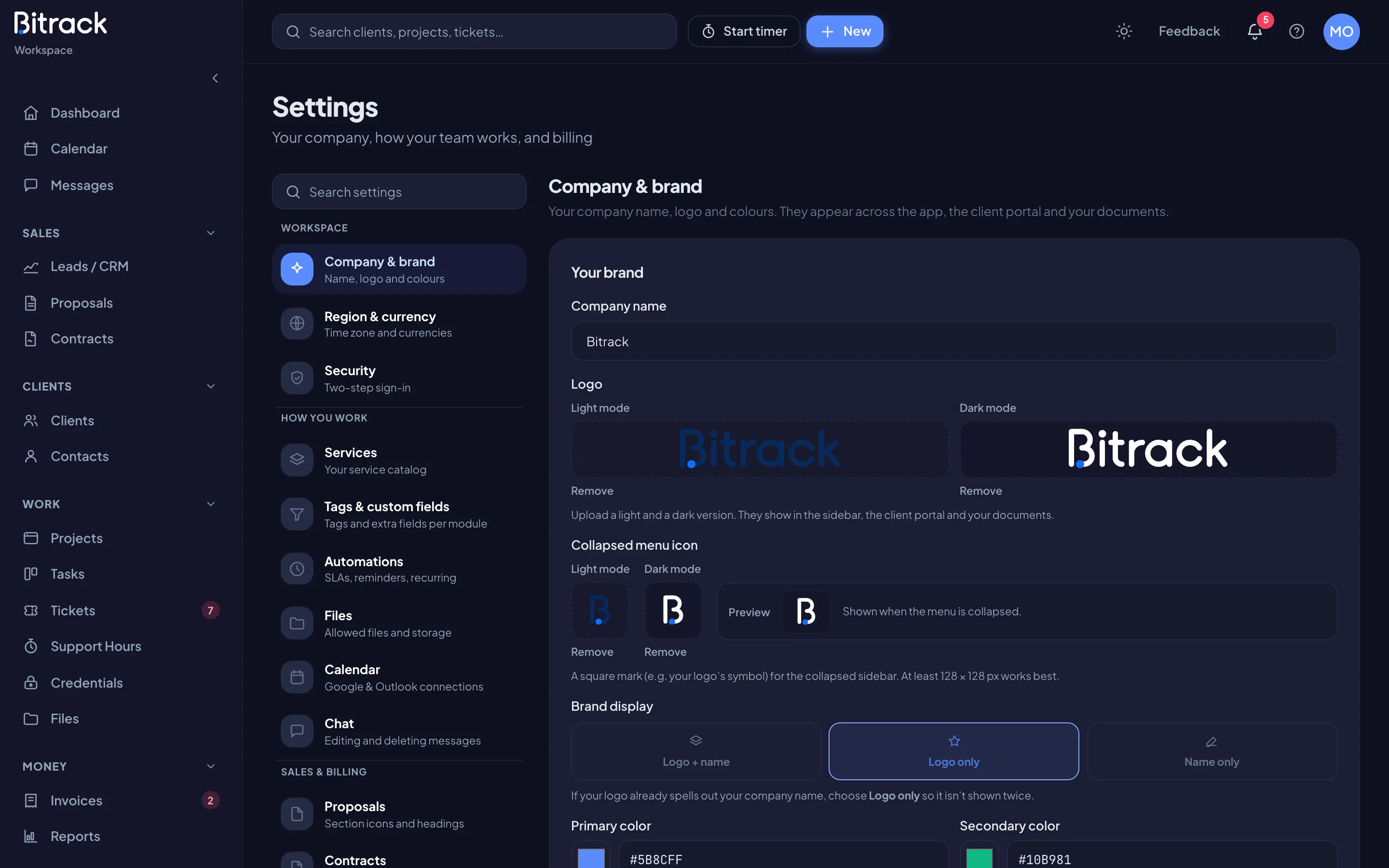 The brand colours and the live preview (dark mode)