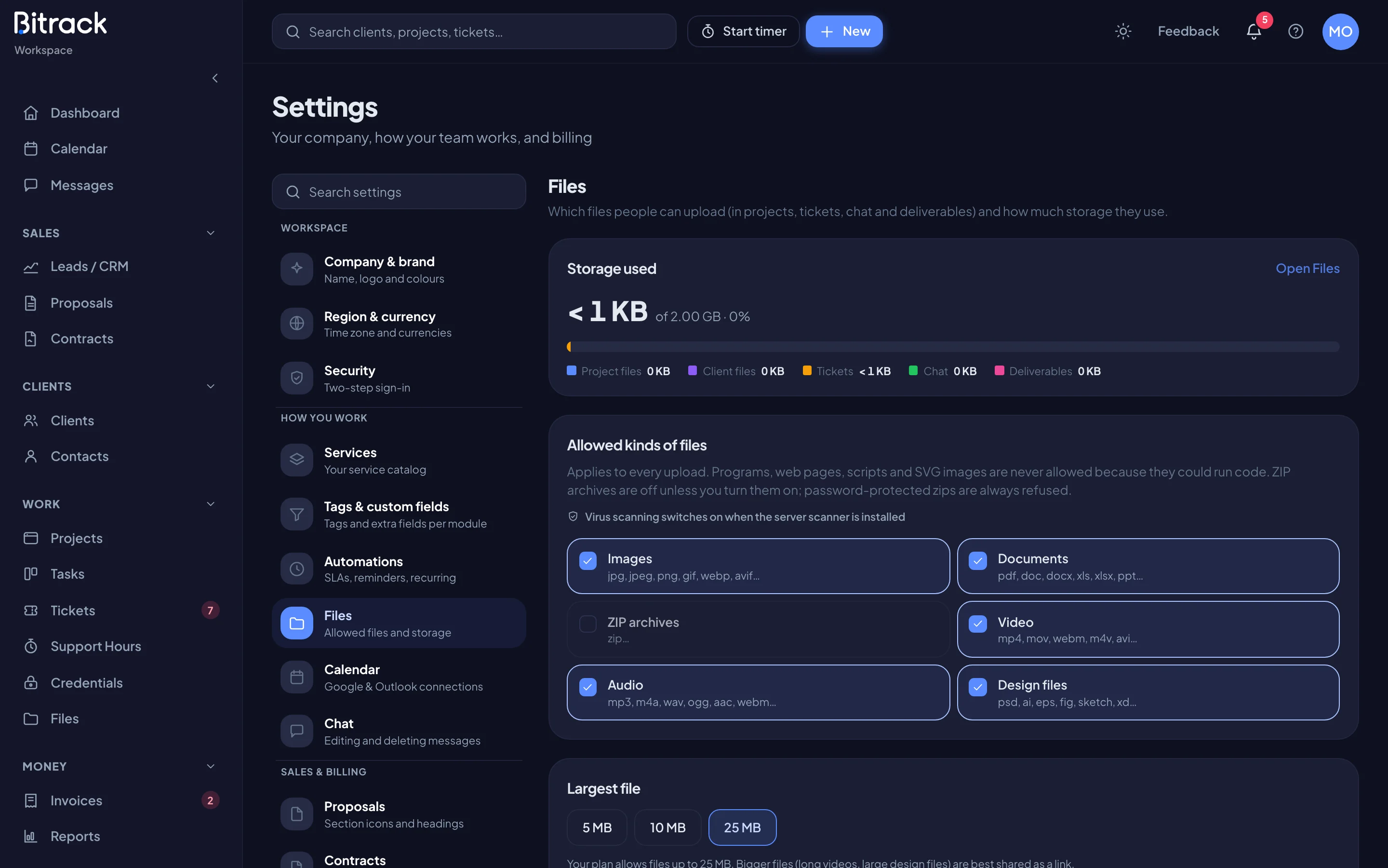 The Files section with storage used, allowed kinds of files and the largest file (dark mode)