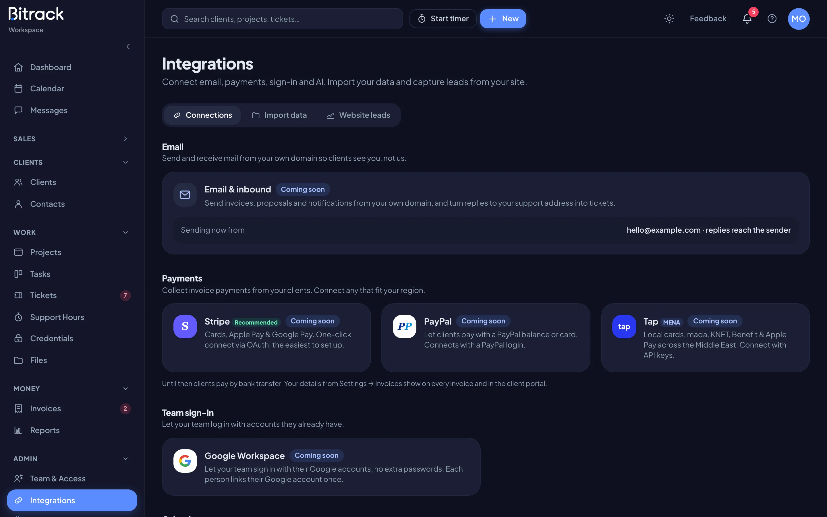 The Connections tab with email, payments, sign-in and calendar cards (dark mode)