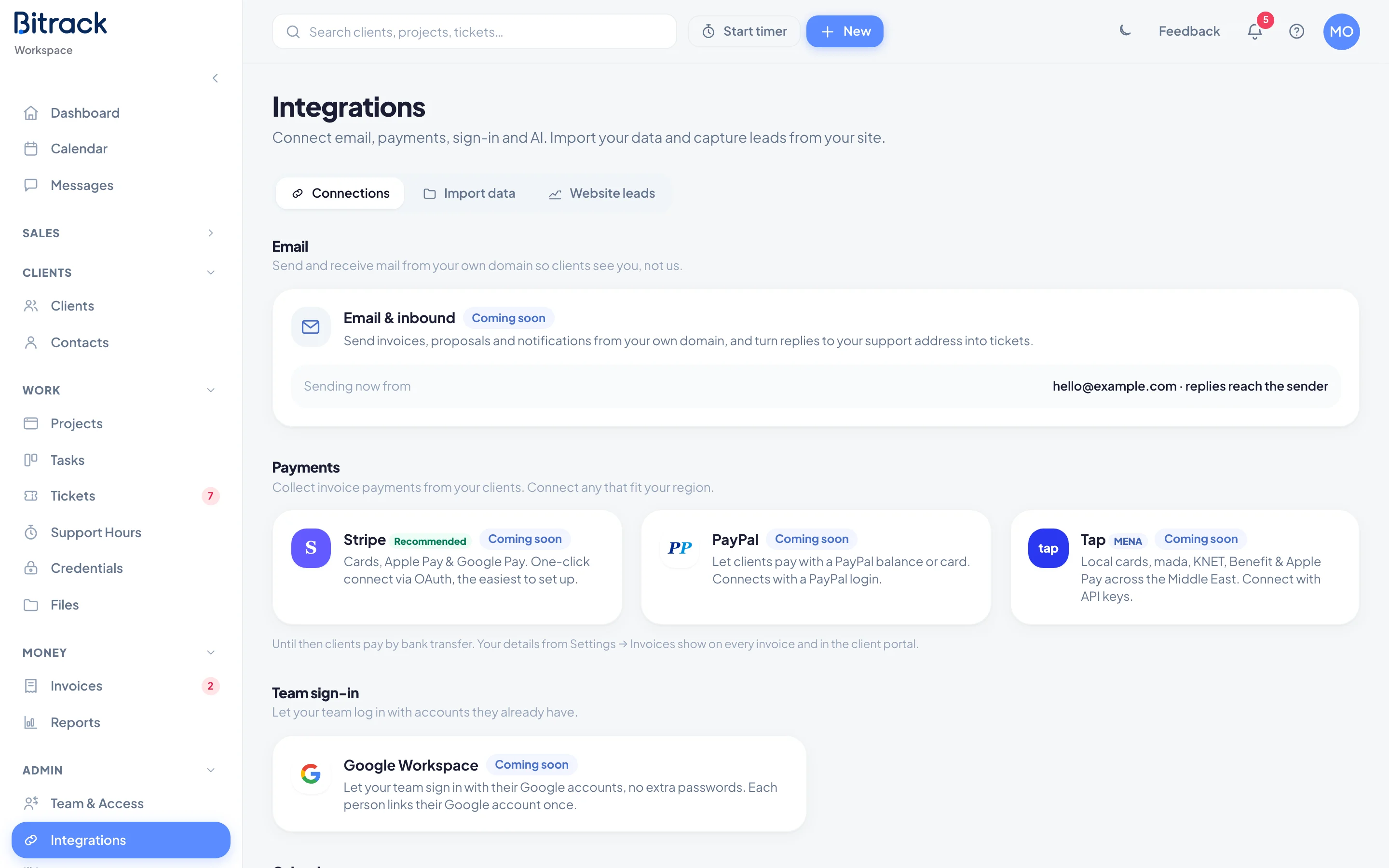 The Connections tab with email, payments, sign-in and calendar cards