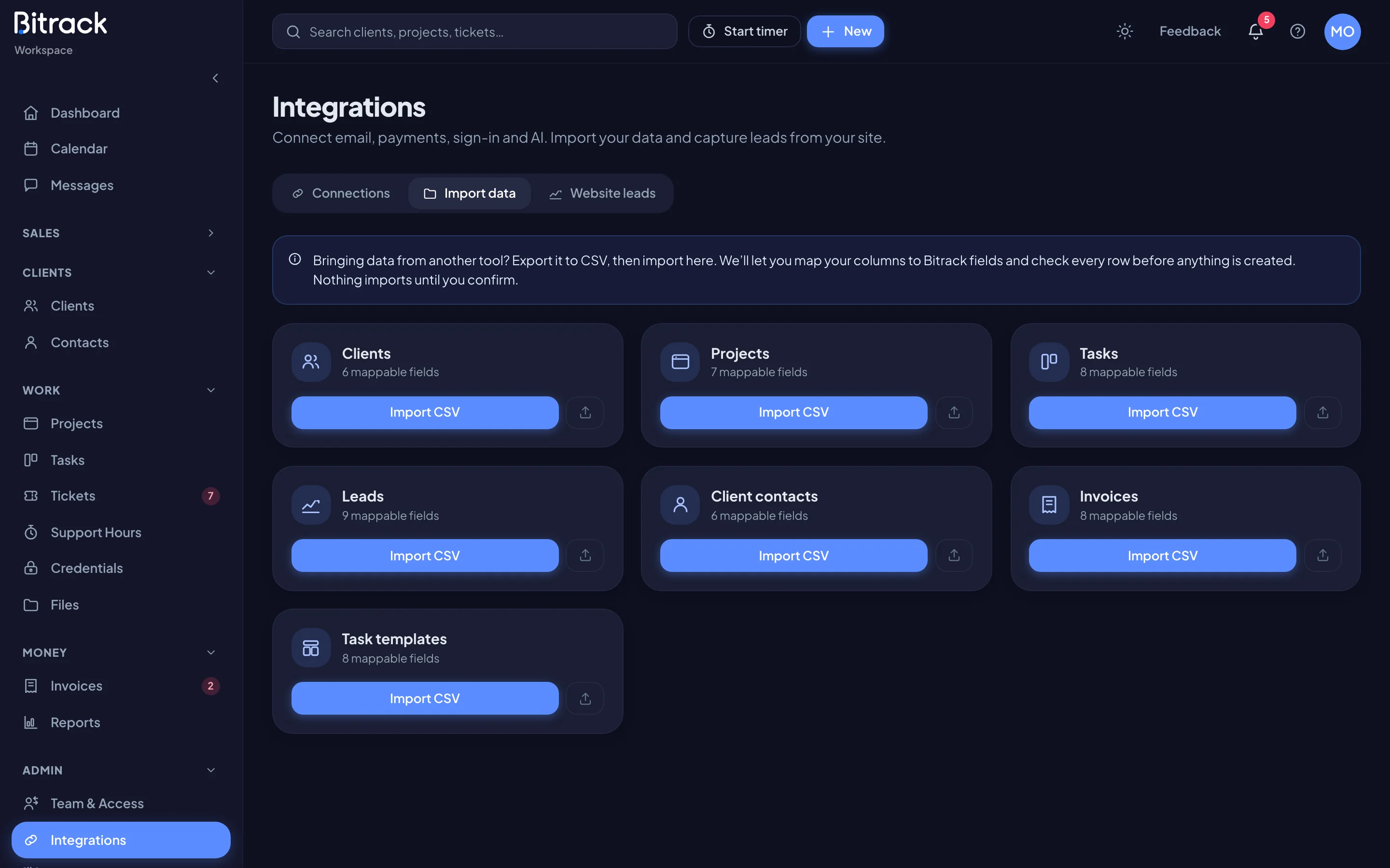 The Import data tab with a card for each kind of record (dark mode)