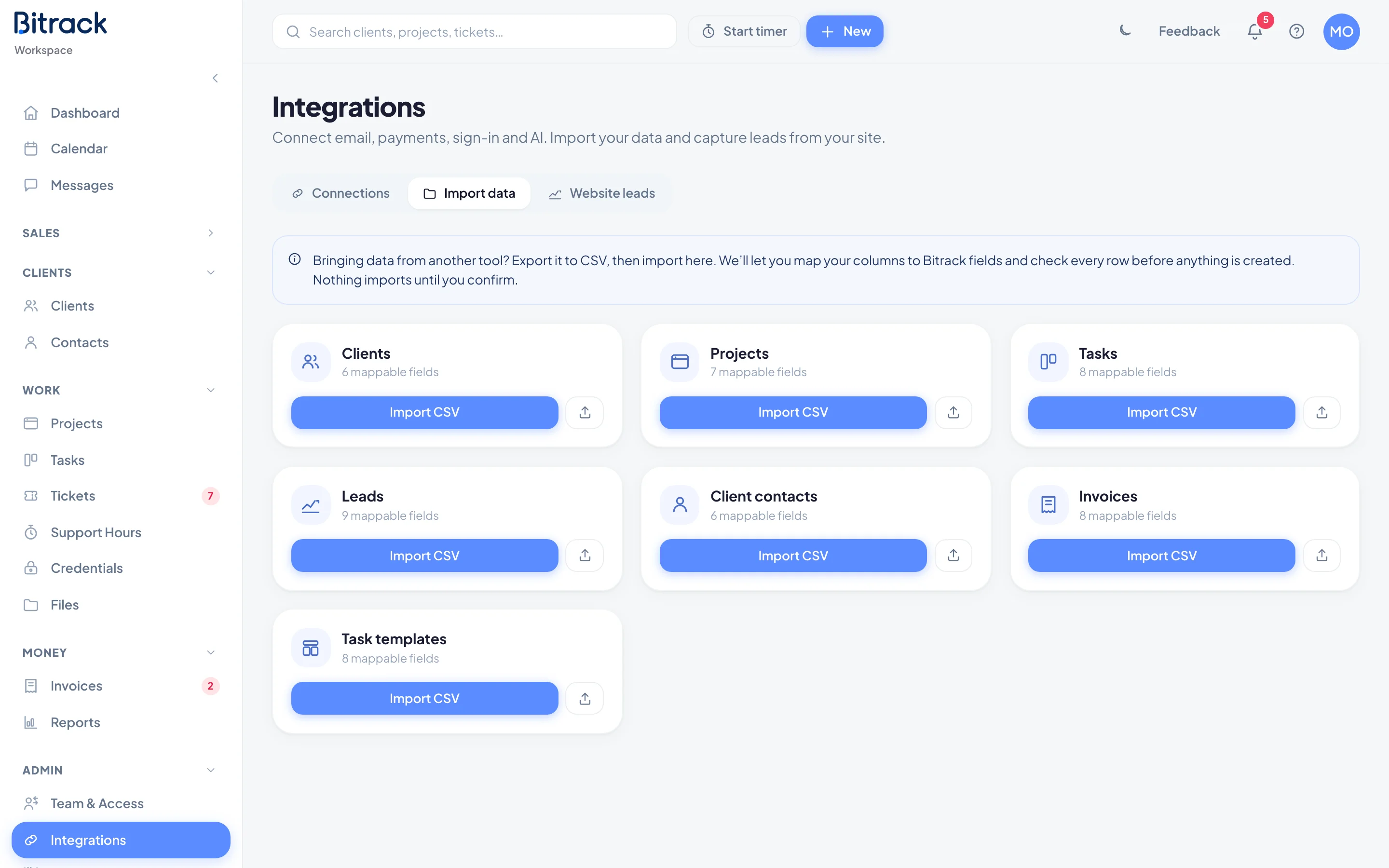 The Import data tab with a card for each kind of record