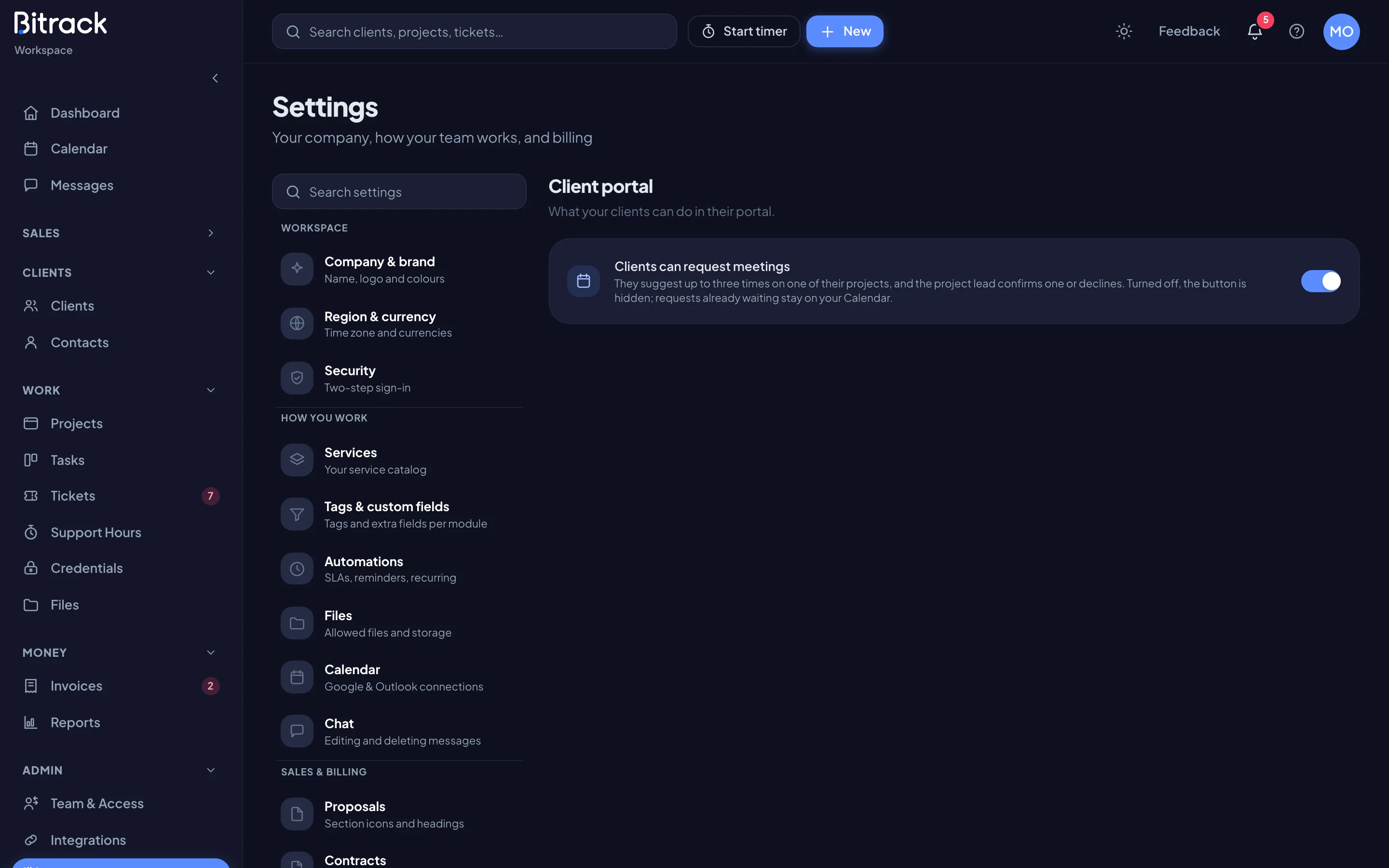 The Client portal section with the meeting requests switch (dark mode)