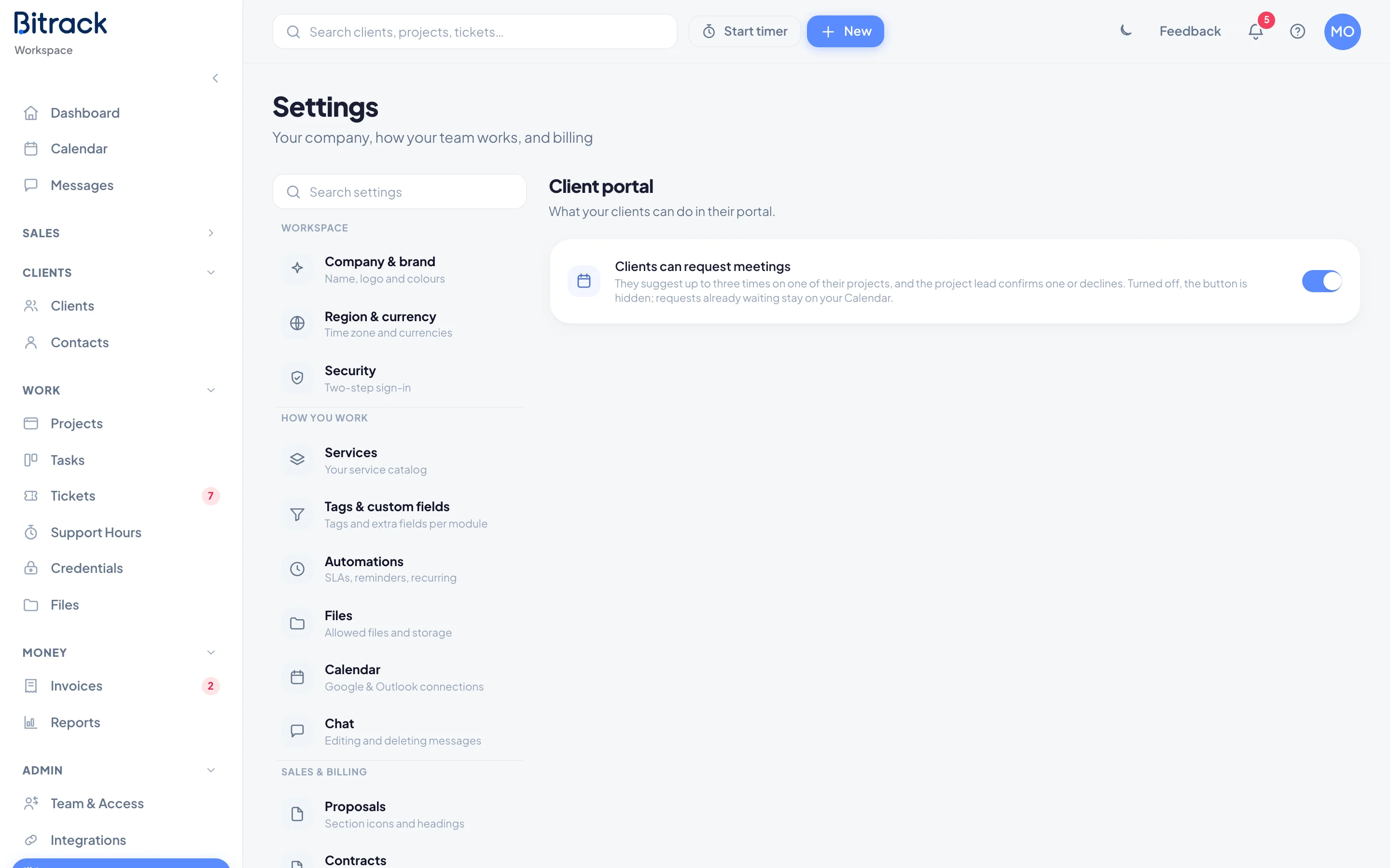 The Client portal section with the meeting requests switch