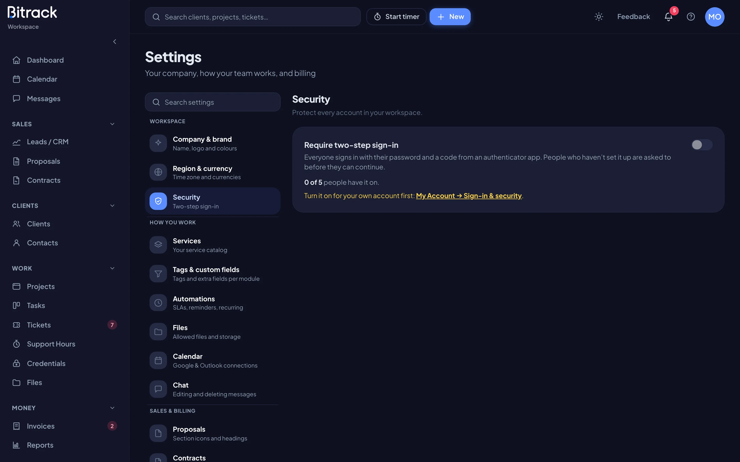 The Security section with the Require two-step sign-in switch (dark mode)