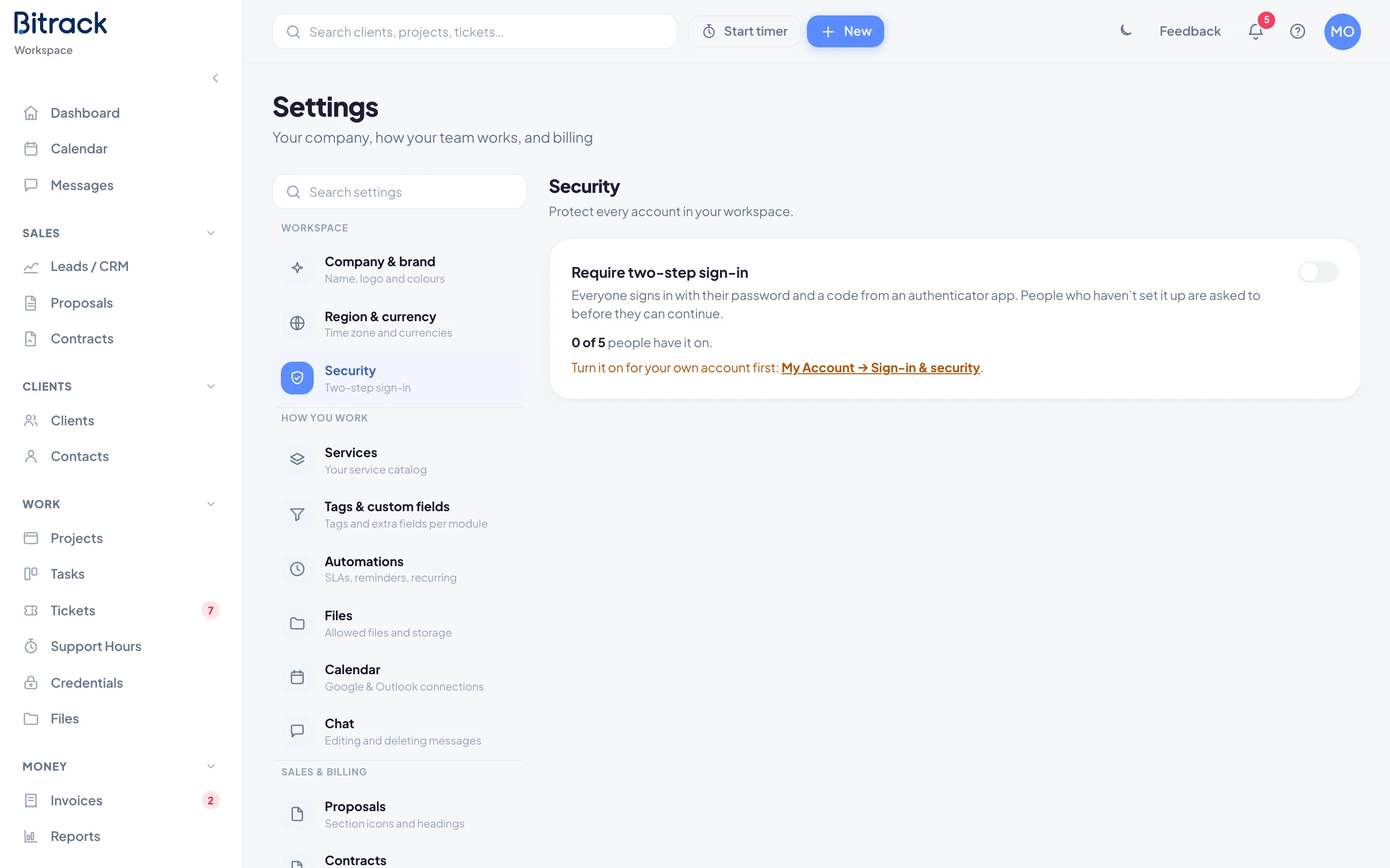 The Security section with the Require two-step sign-in switch