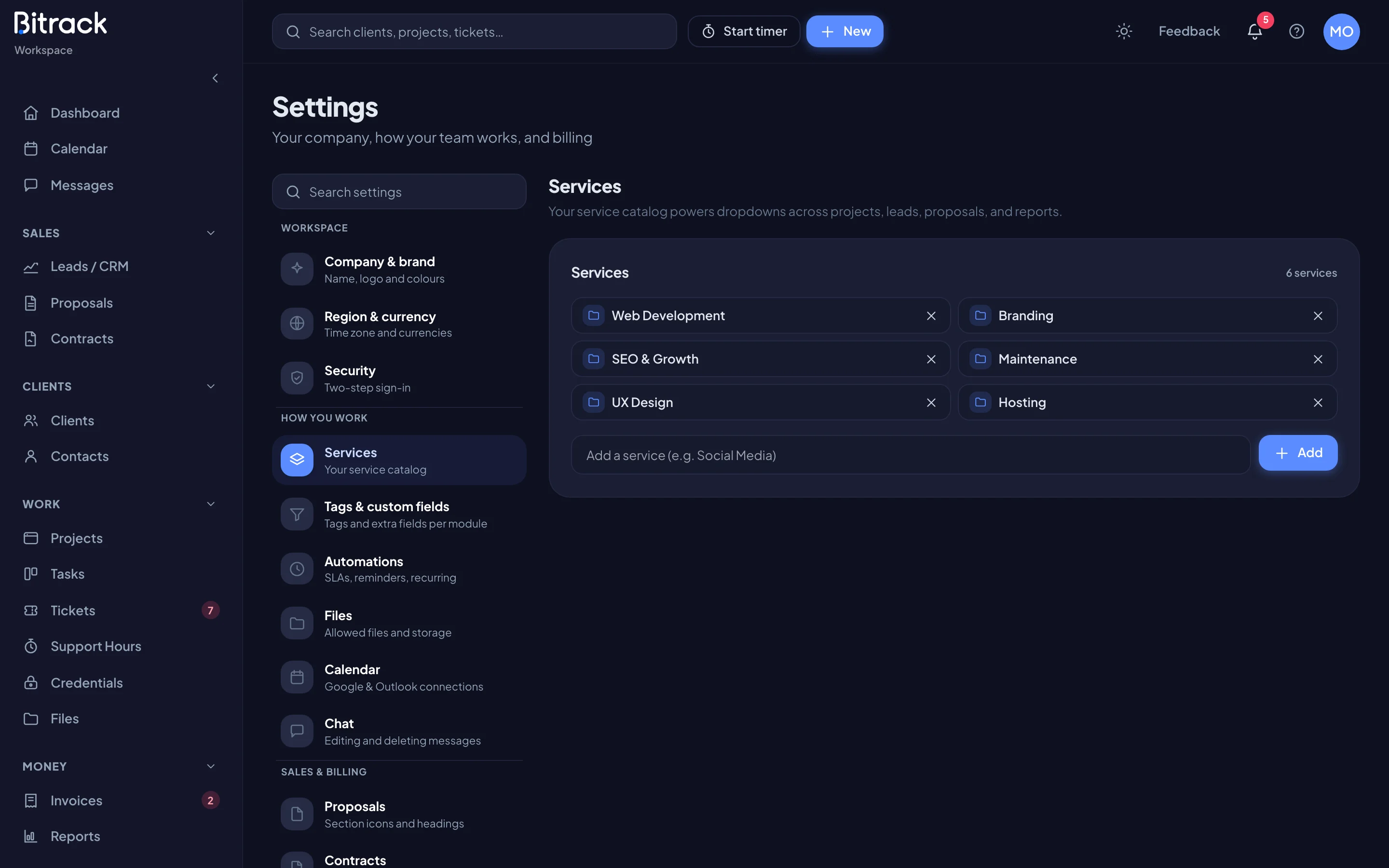 The Services section with the service list and the add field (dark mode)