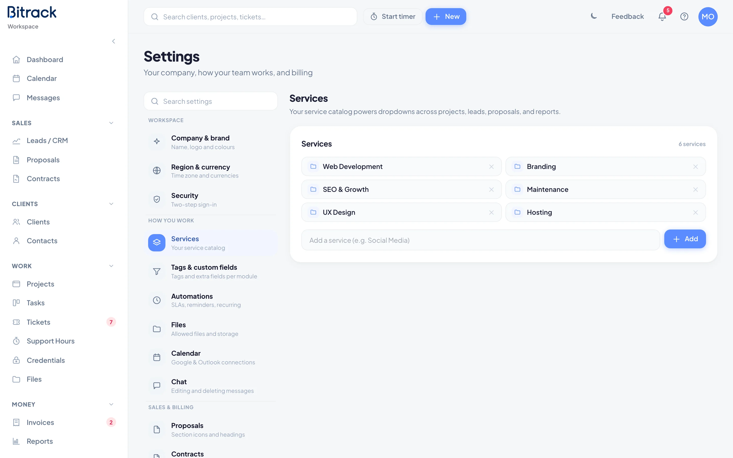 The Services section with the service list and the add field