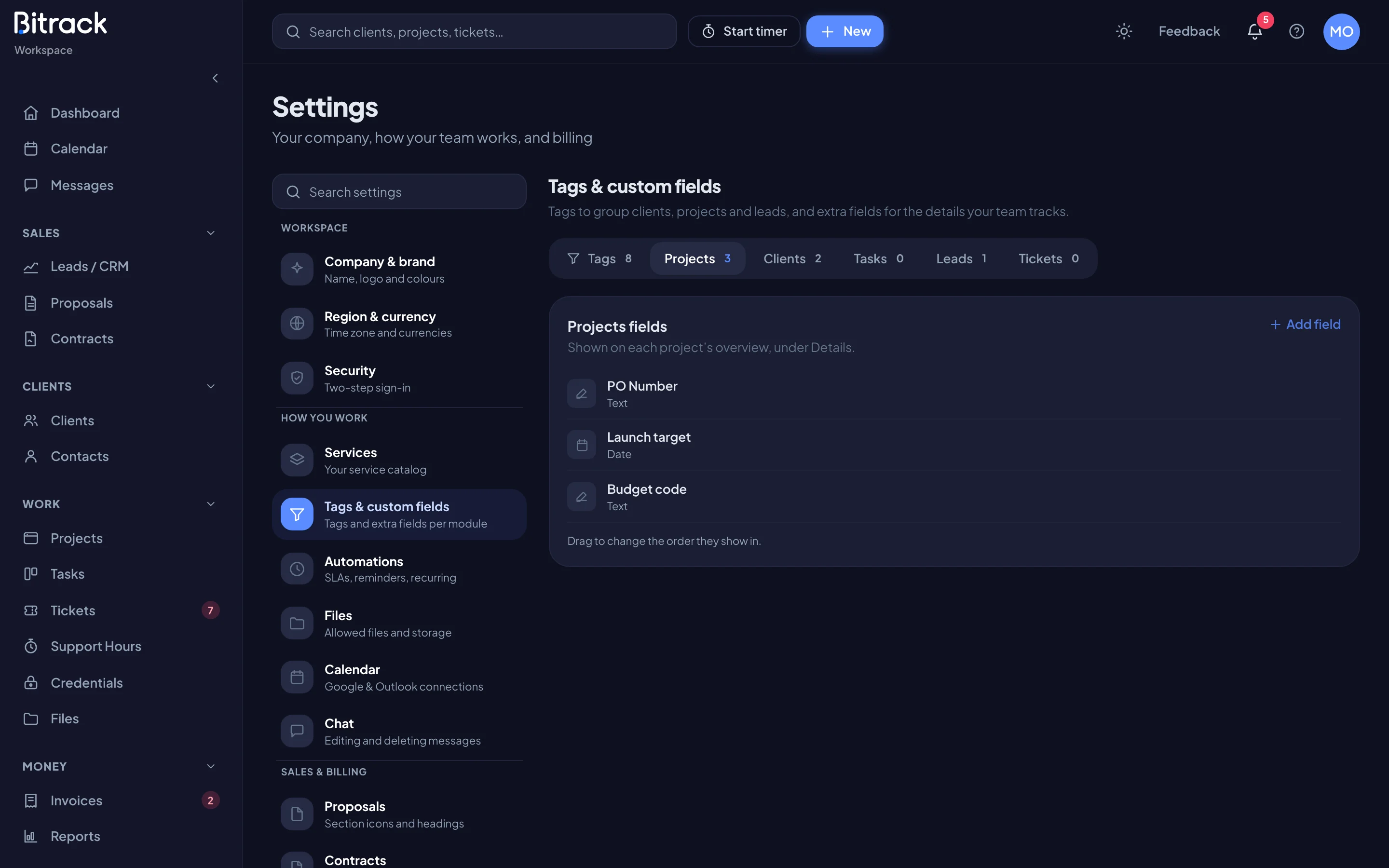 The Tags & custom fields section, showing the tabs for each module (dark mode)