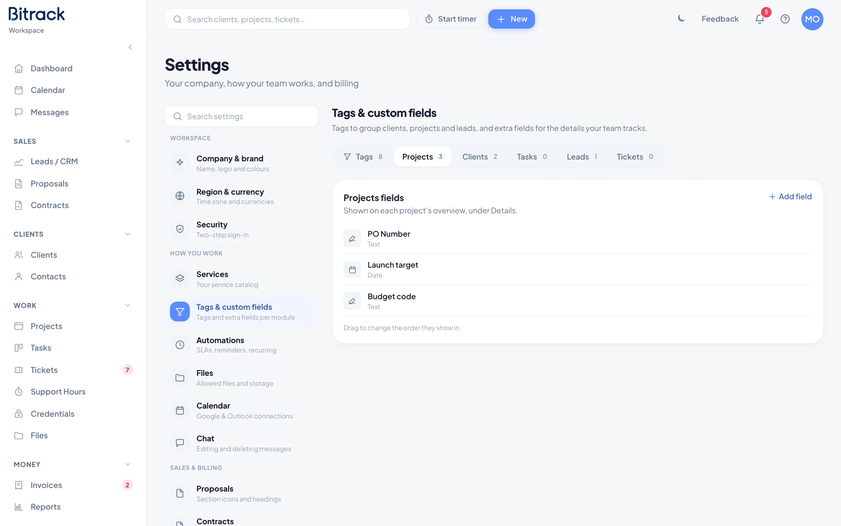 The Tags & custom fields section, showing the tabs for each module