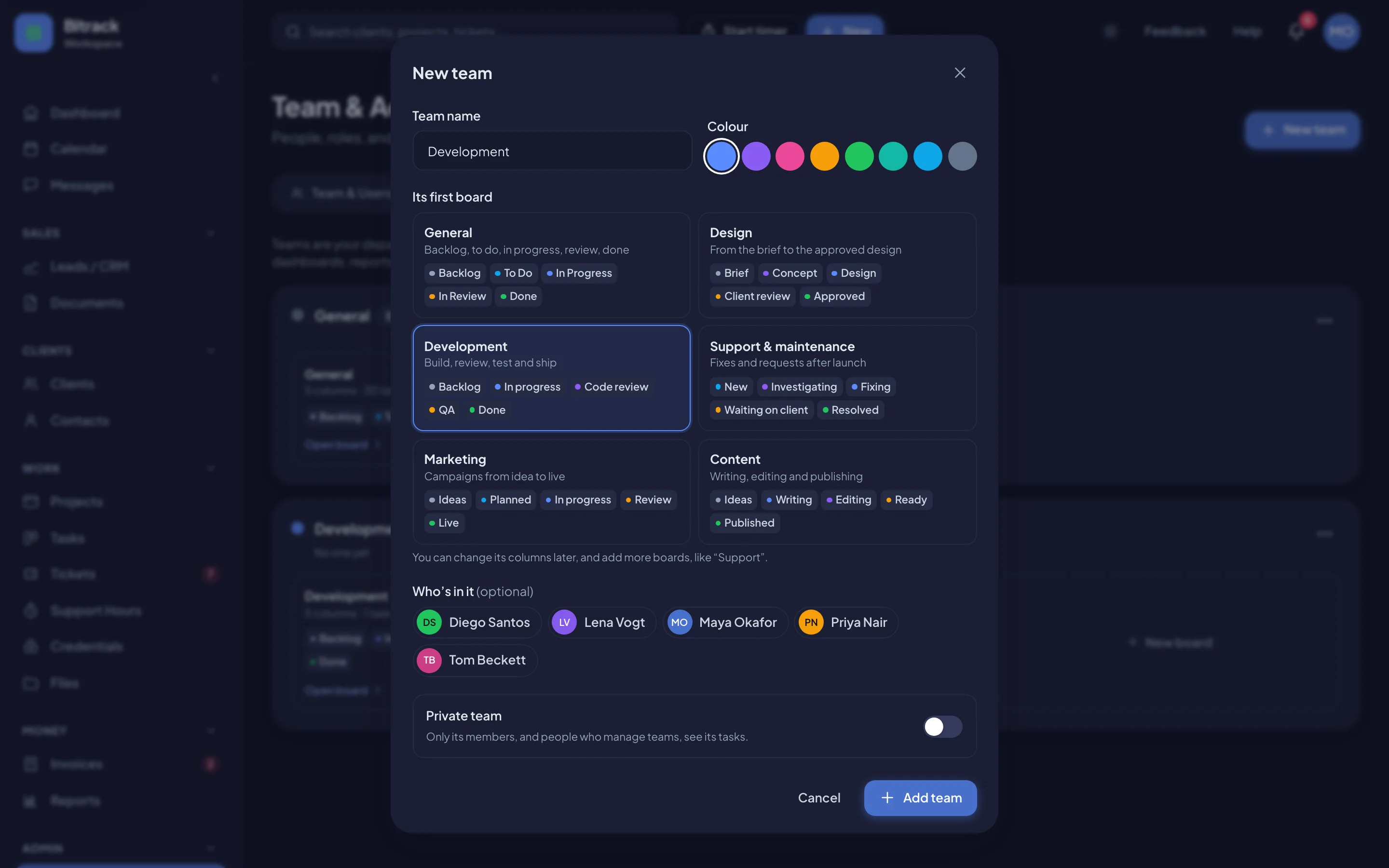 Adding a team, with its first board (dark mode)