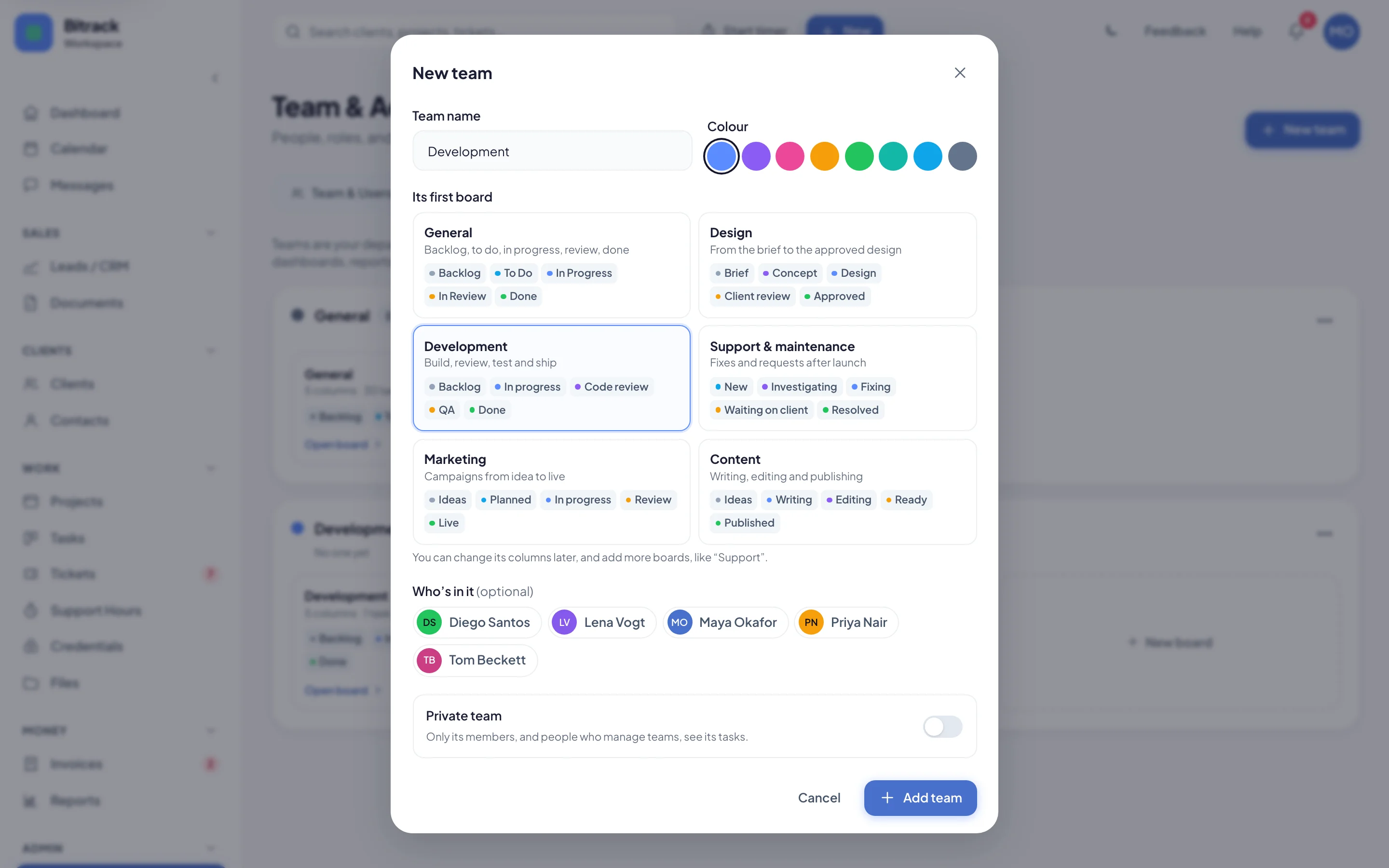 Adding a team, with its first board