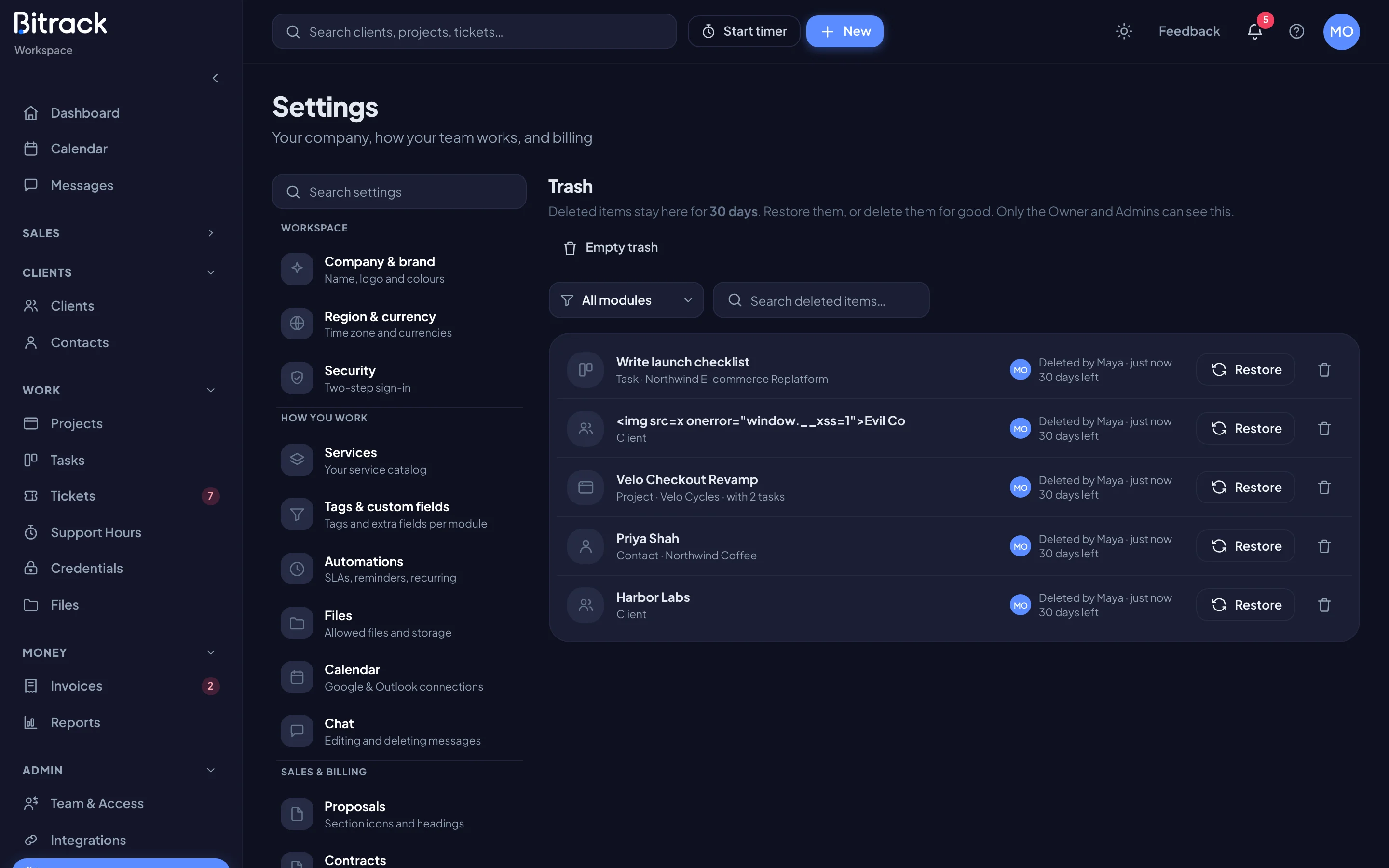 The Trash with deleted items, who deleted them and the days left (dark mode)