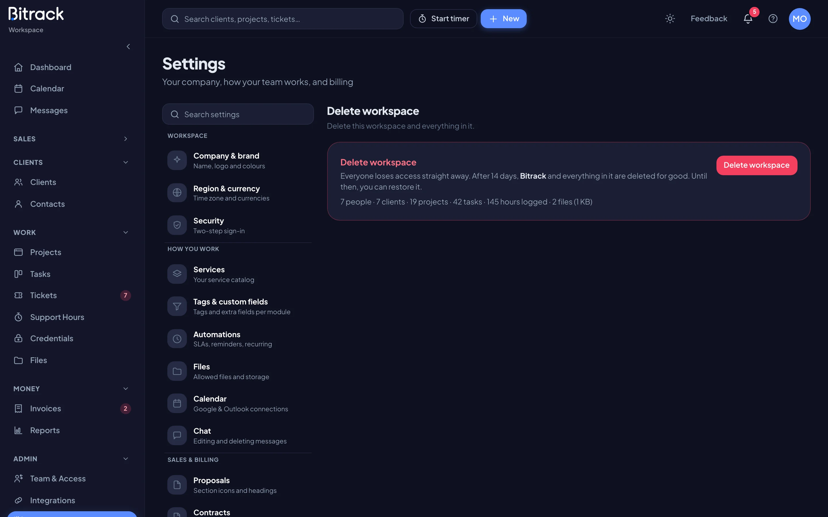 The Delete workspace card with the workspace's record counts (dark mode)