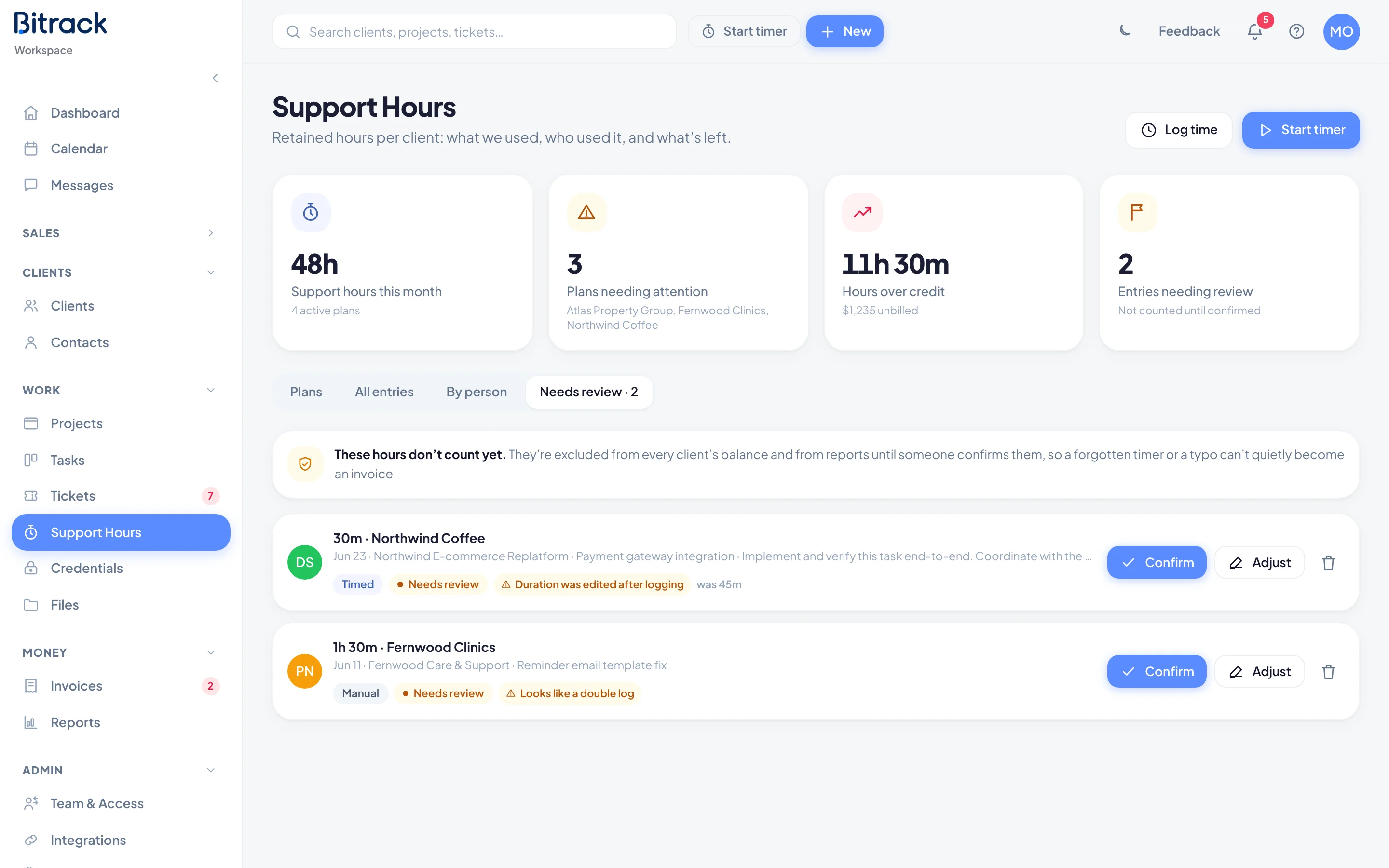 The Needs review tab with flagged entries and their reasons