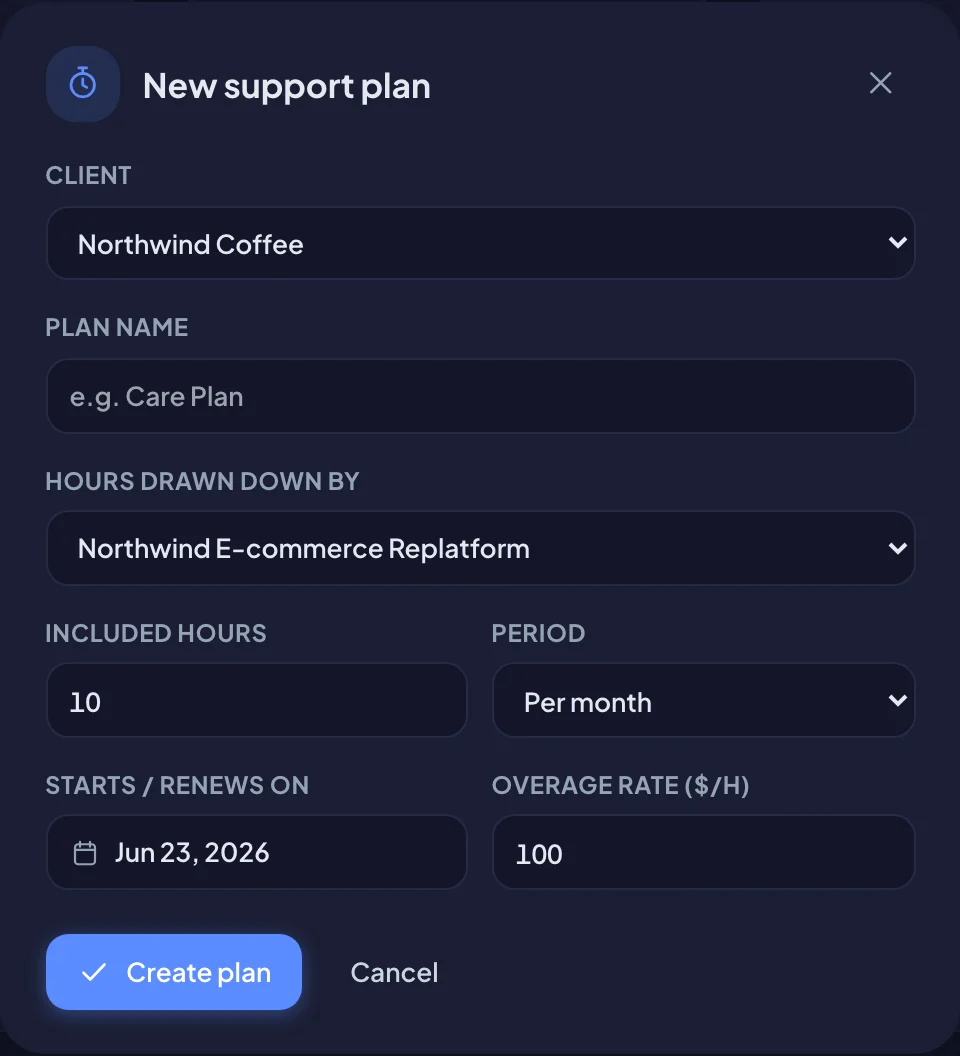 The New support plan dialog (dark mode)