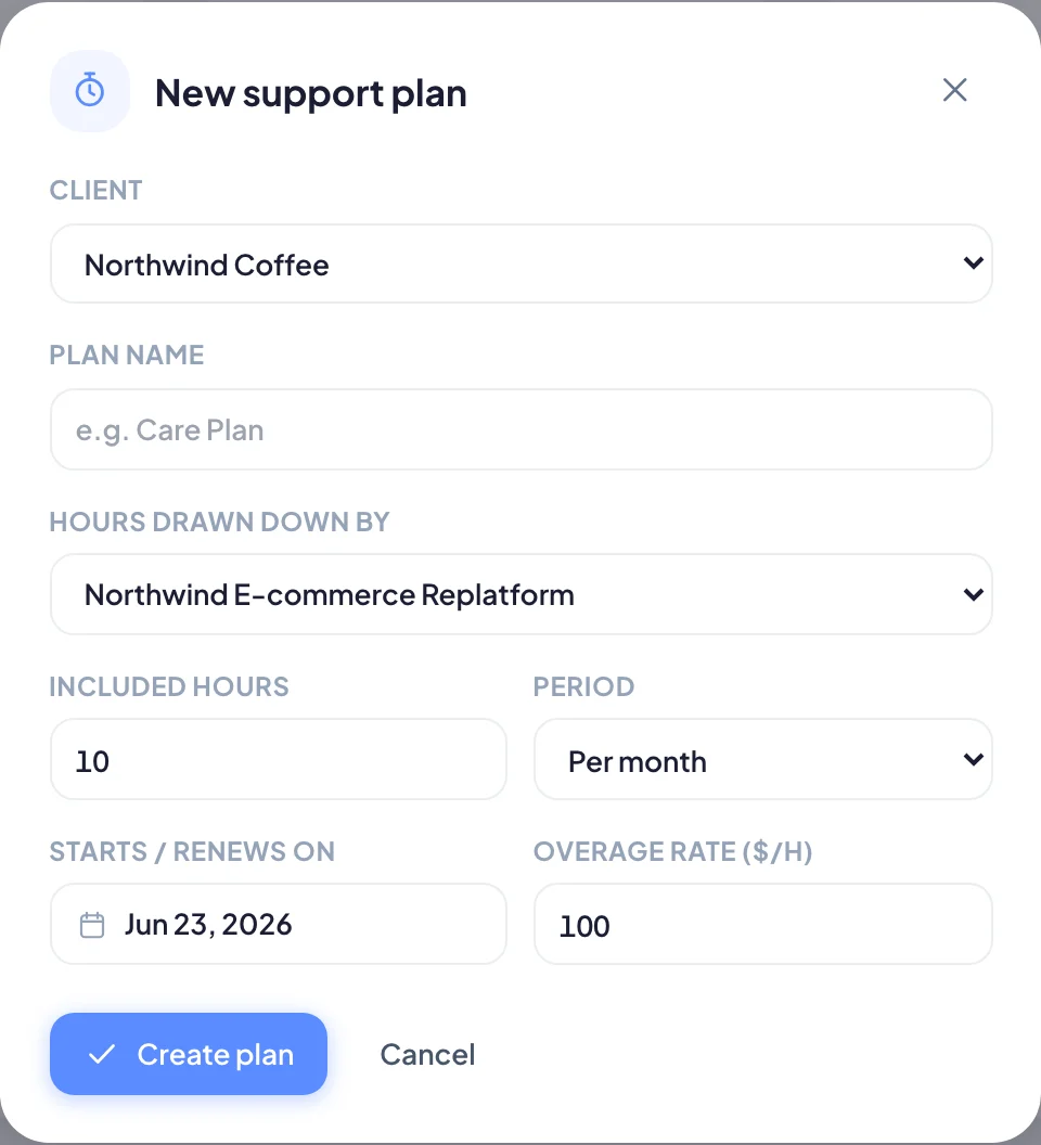 The New support plan dialog