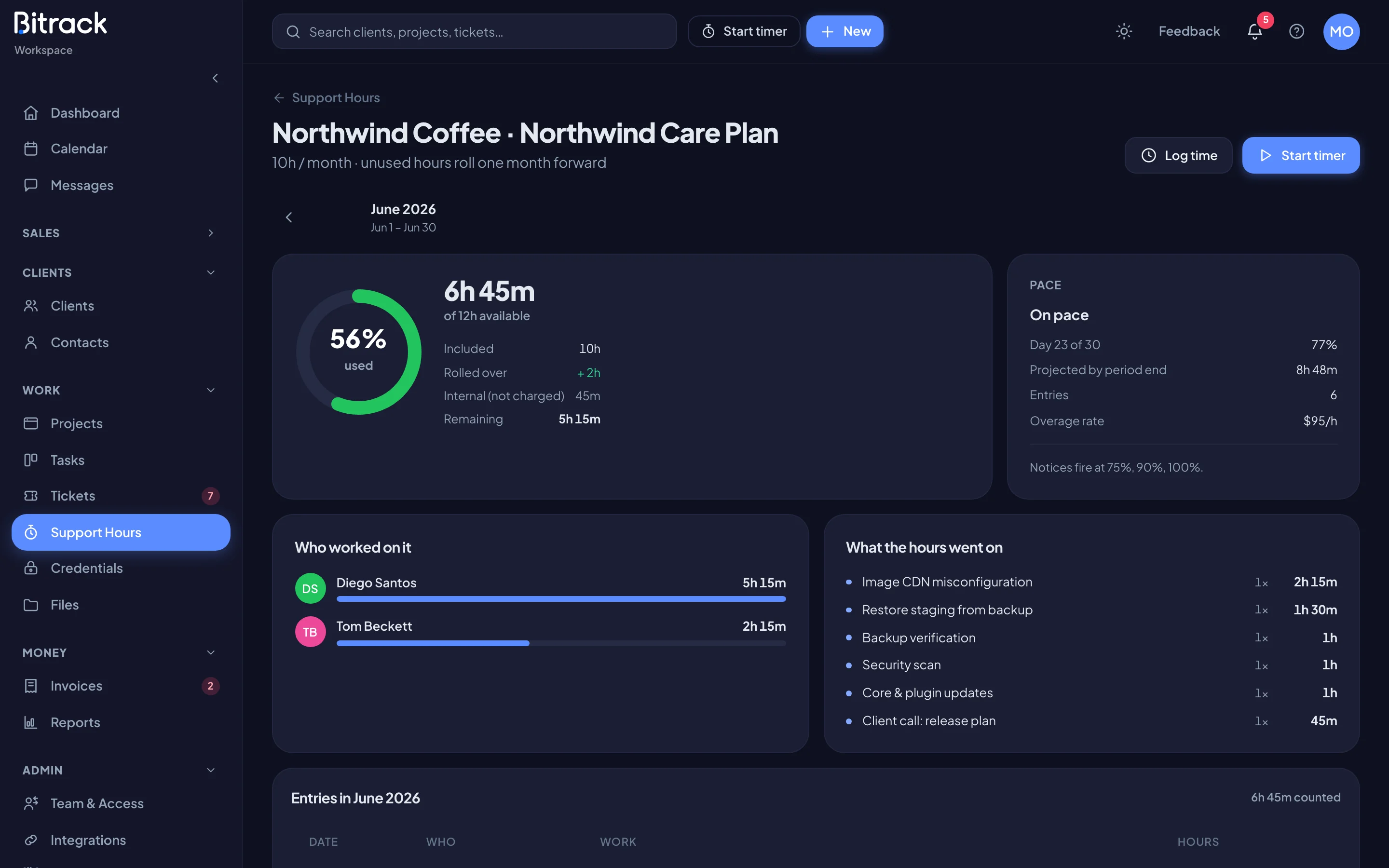 The Client report and Agreement cards on a plan page (dark mode)