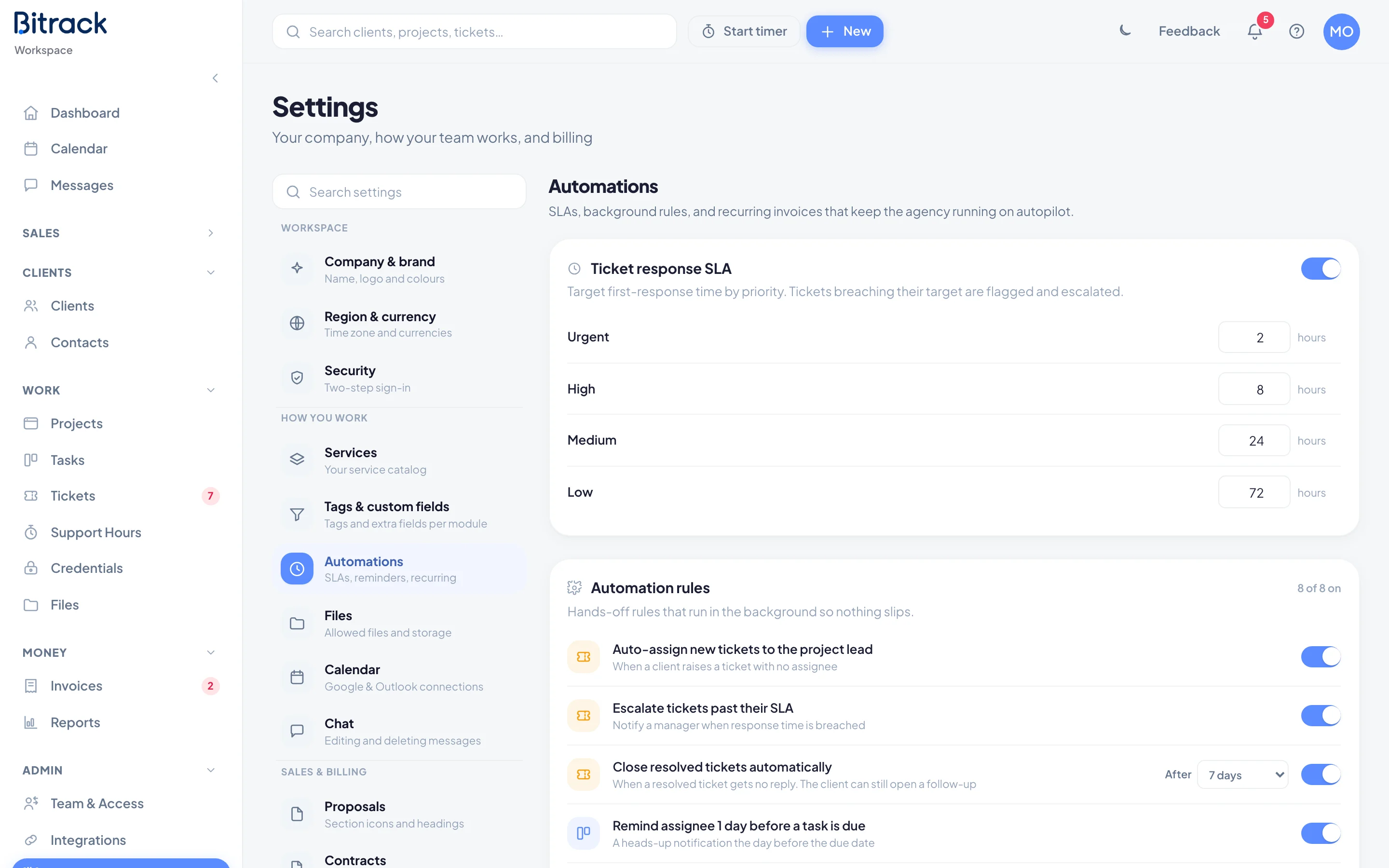 The Ticket response SLA card in Settings, Automations