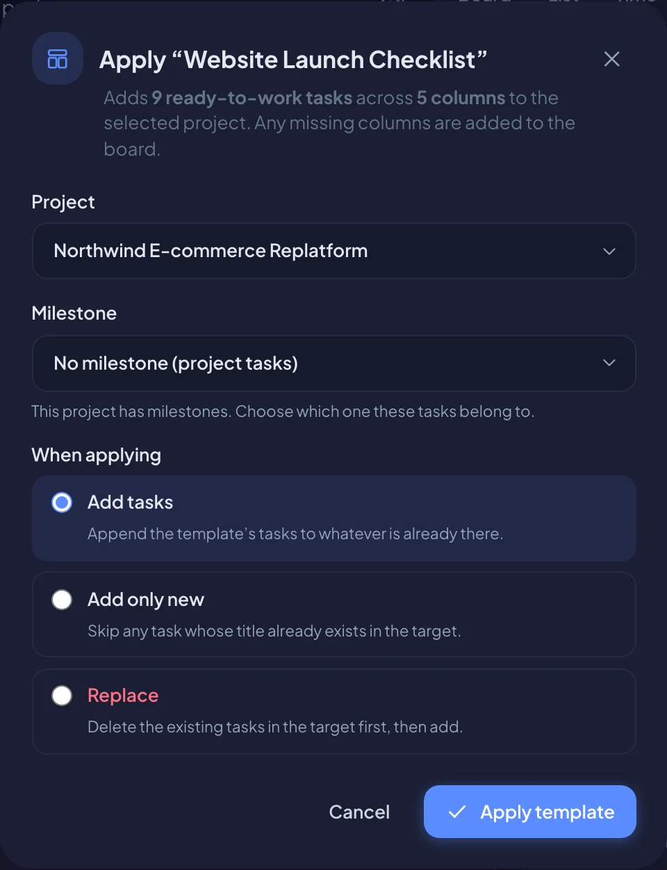 Applying a template to a project (dark mode)