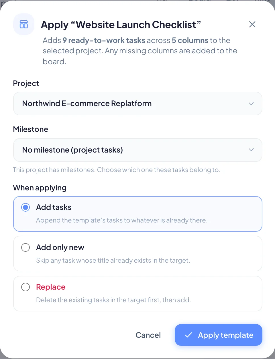 Applying a template to a project