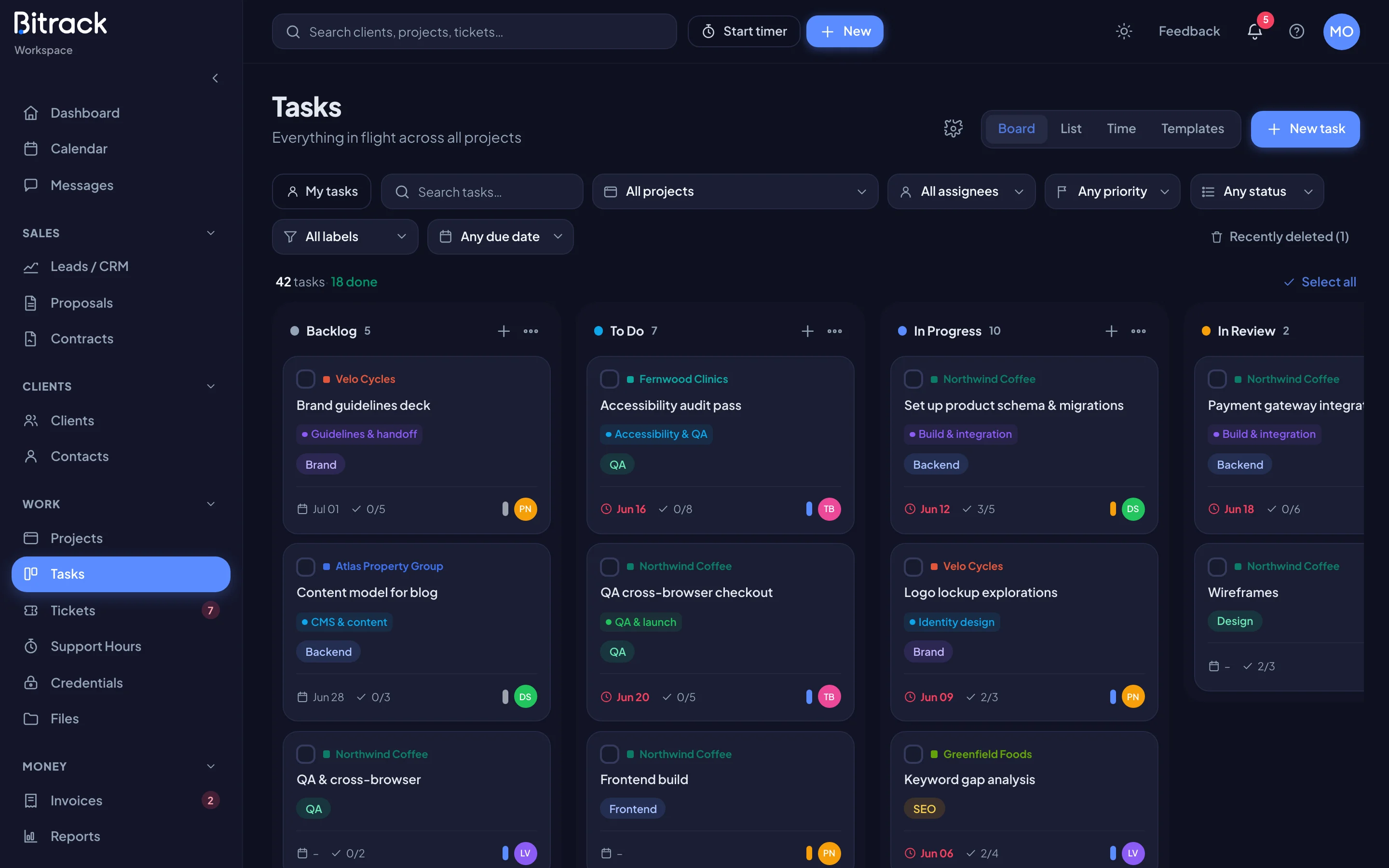 The Tasks board, with one column per status (dark mode)