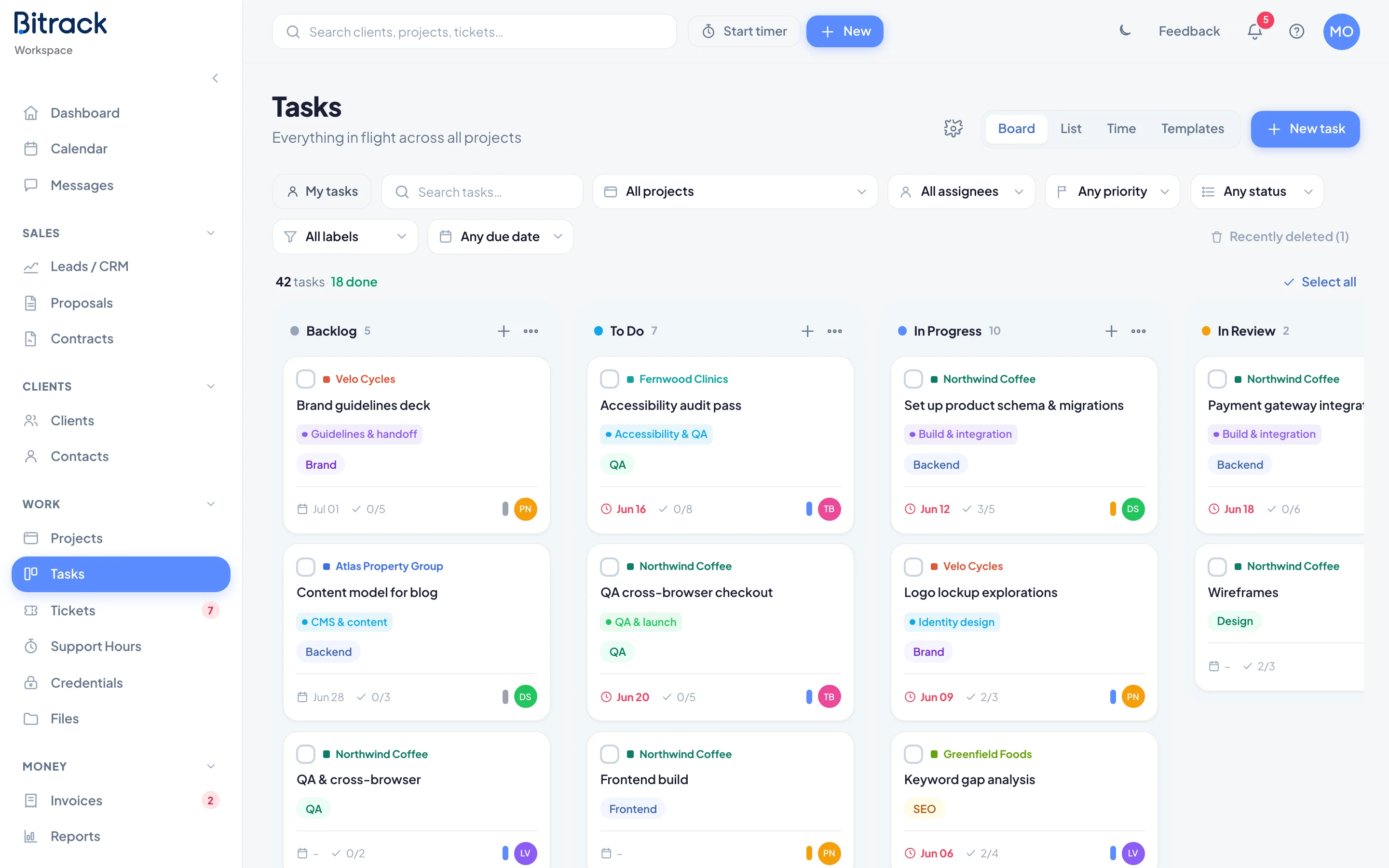The Tasks board, with one column per status
