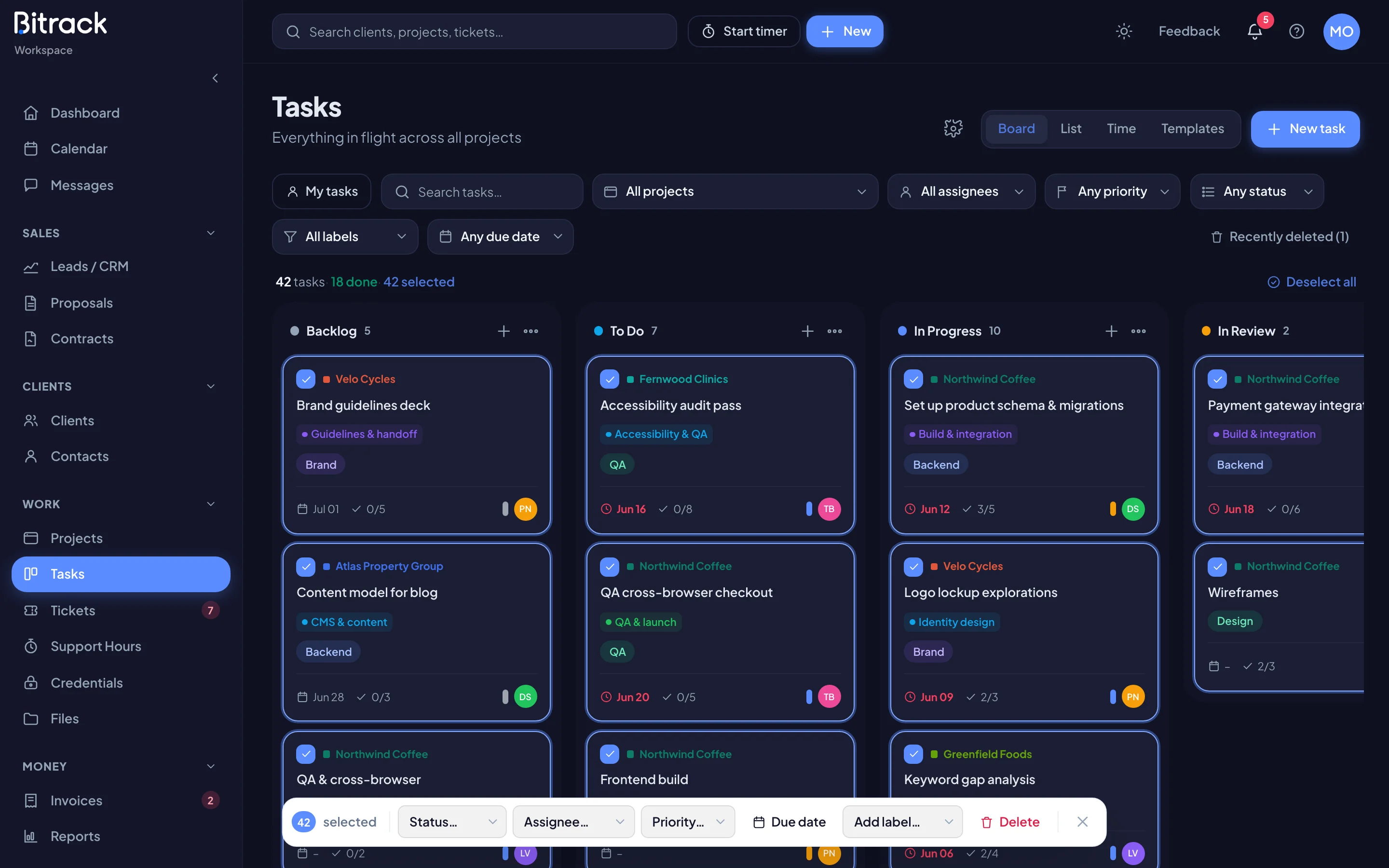 Several tasks selected, with the bulk actions bar (dark mode)