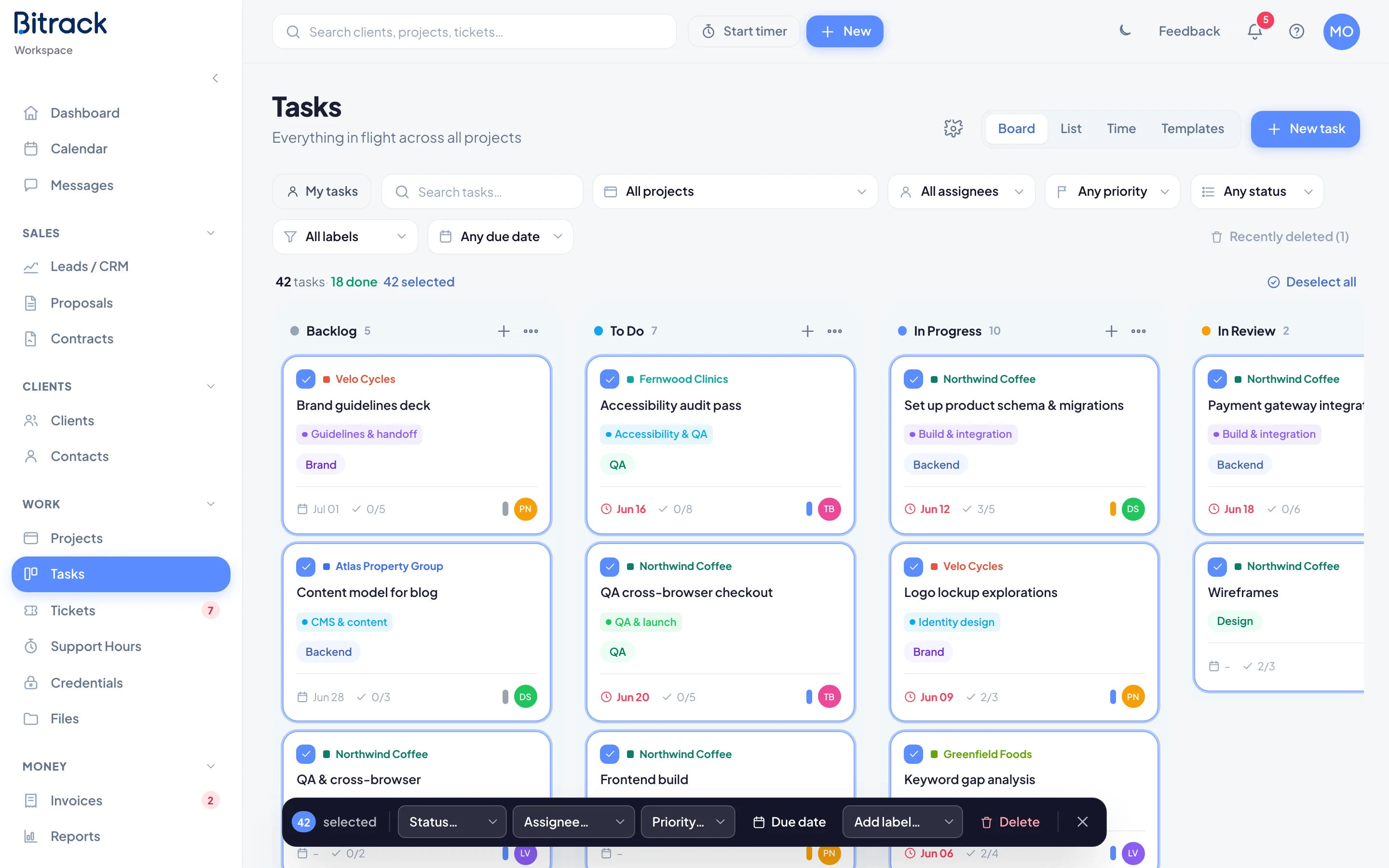 Several tasks selected, with the bulk actions bar