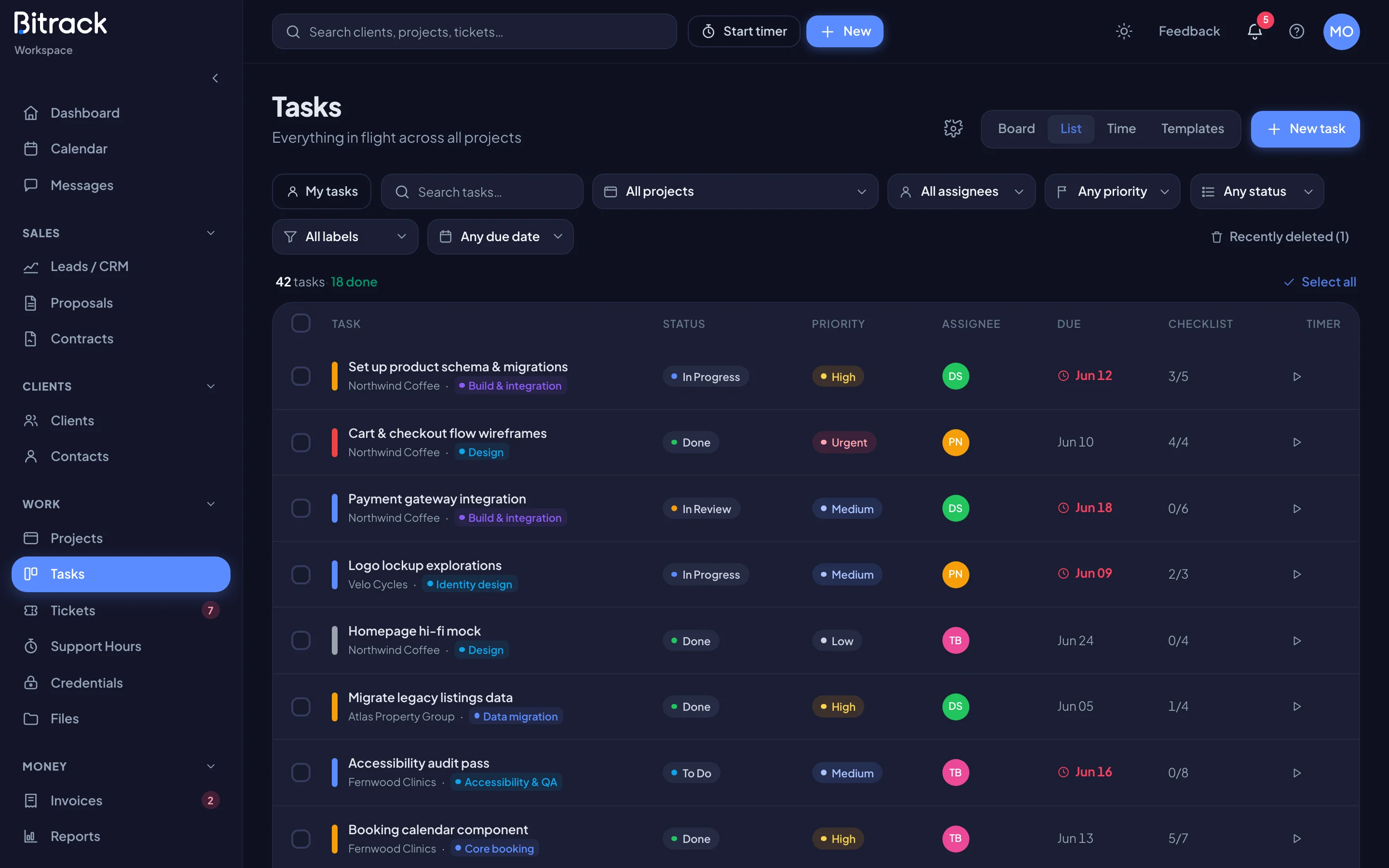 The Tasks list view (dark mode)