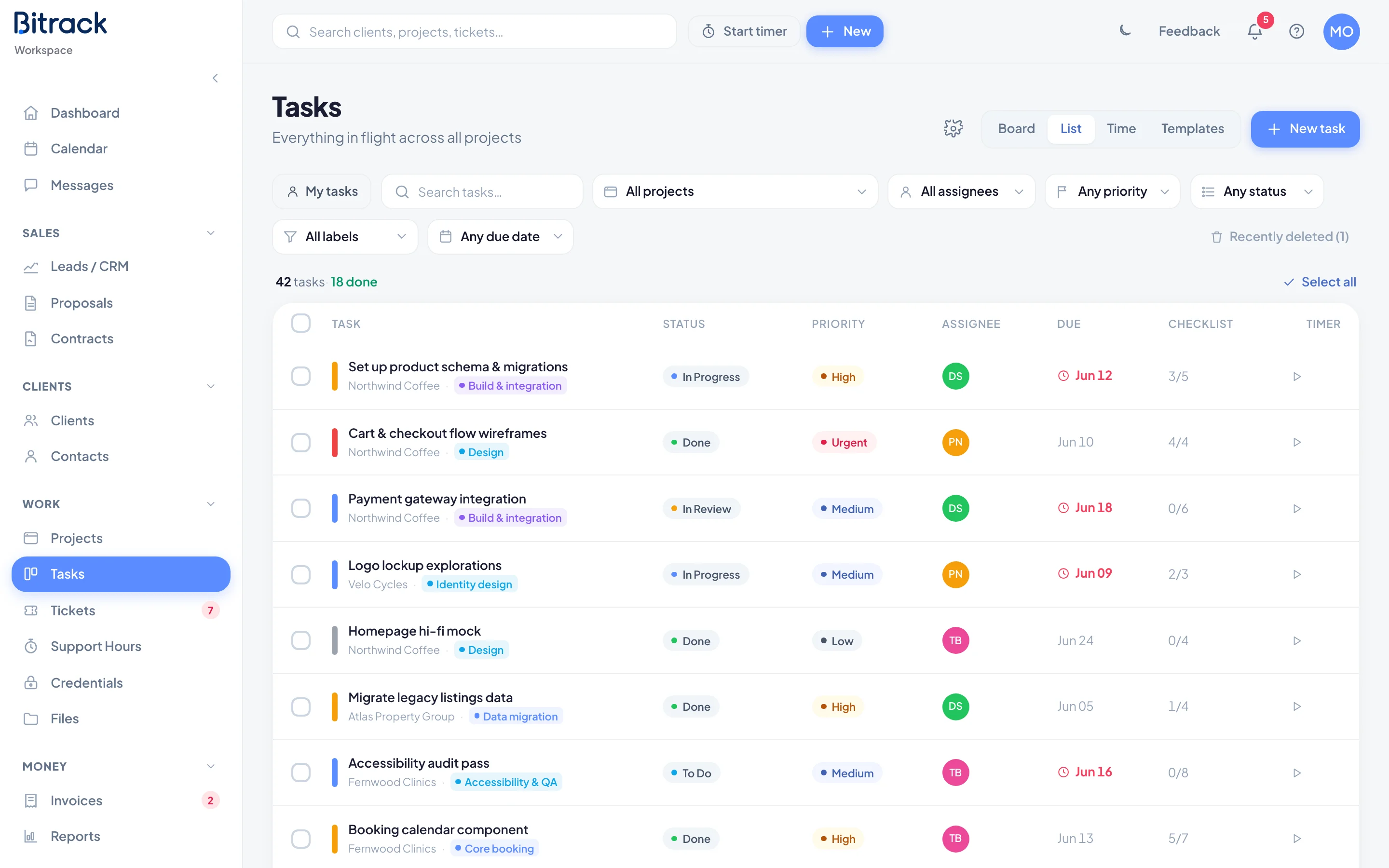 The Tasks list view