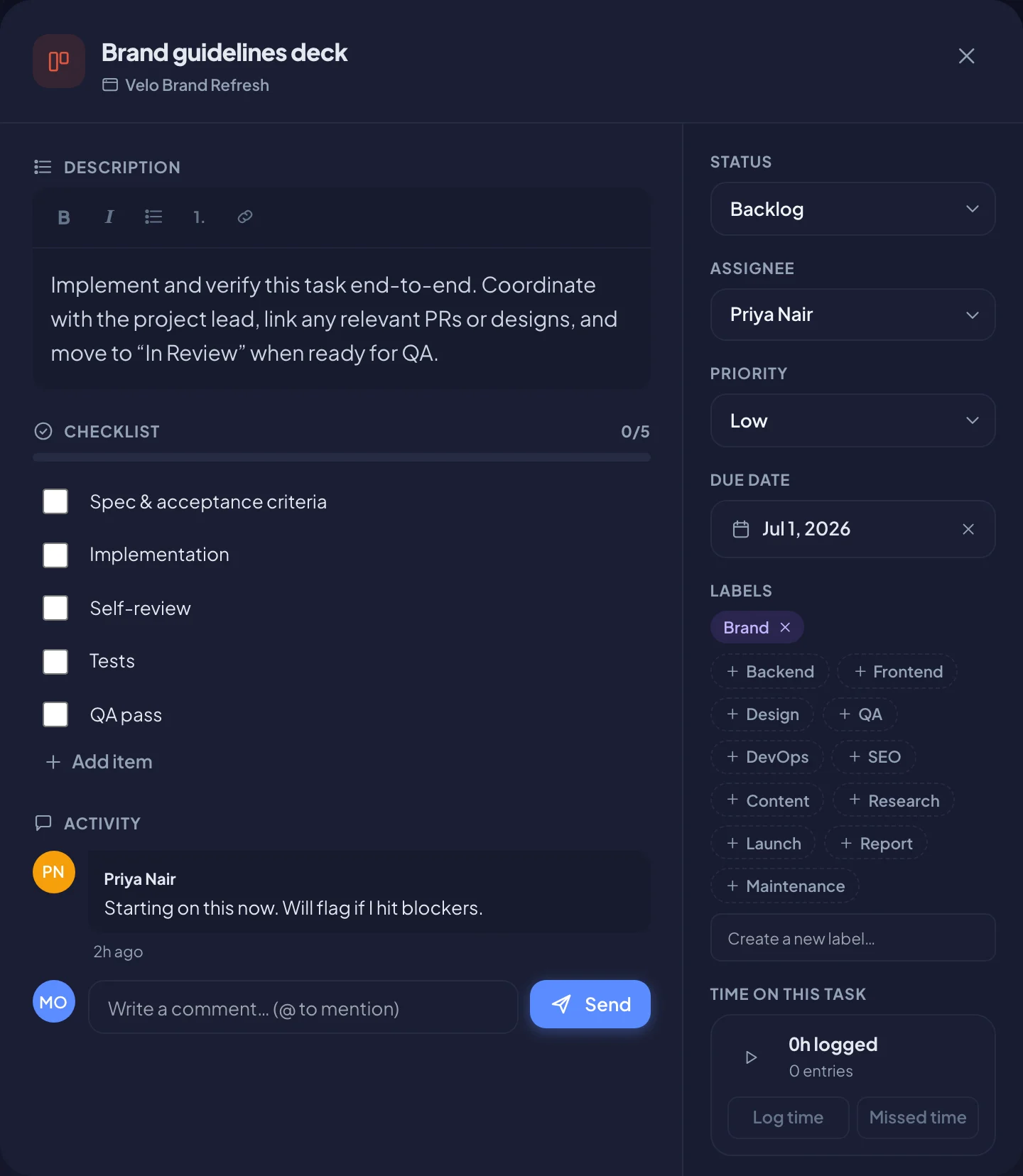 An open task, with the description and checklist on the left and the details on the right (dark mode)