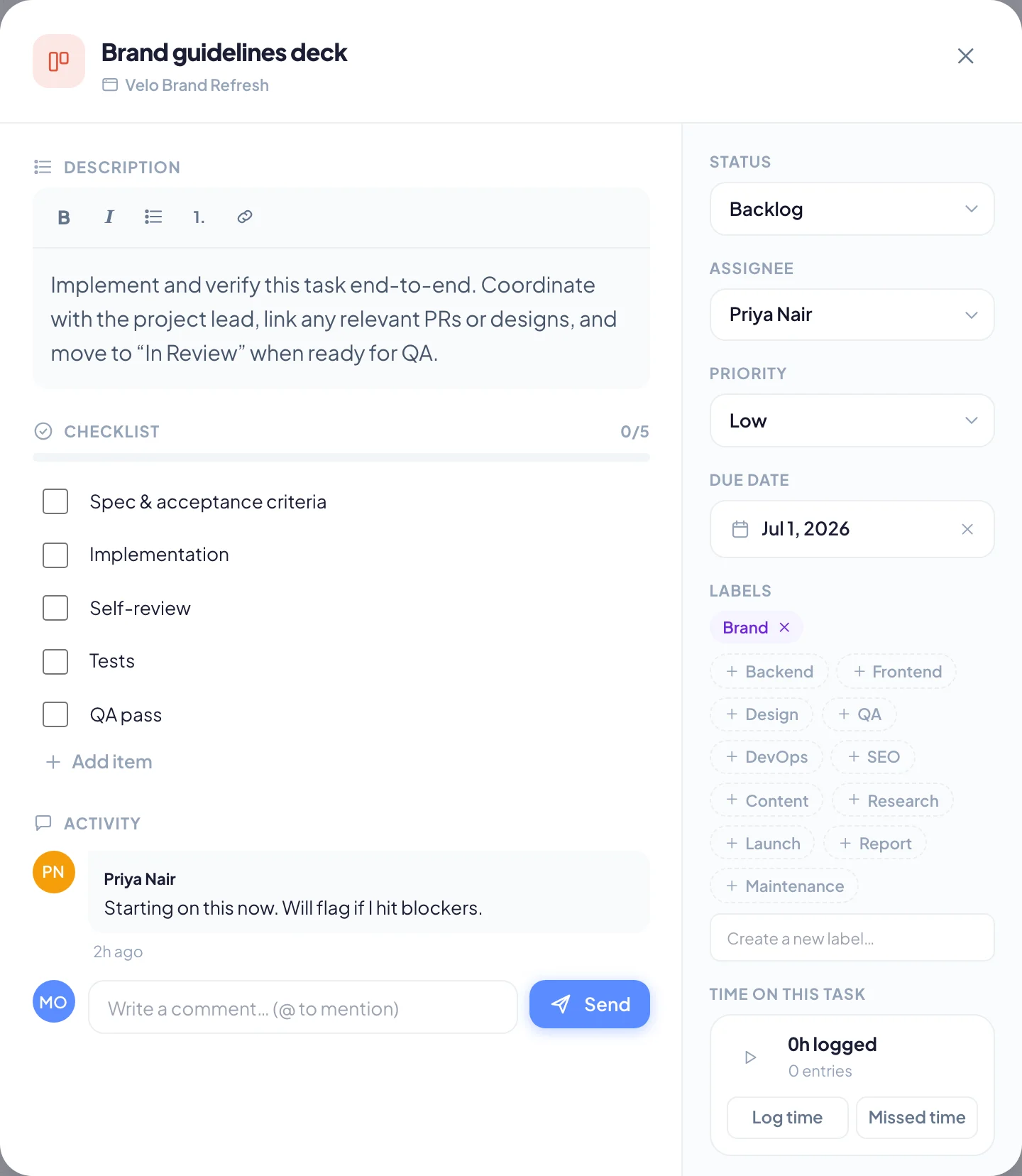 An open task, with the description and checklist on the left and the details on the right