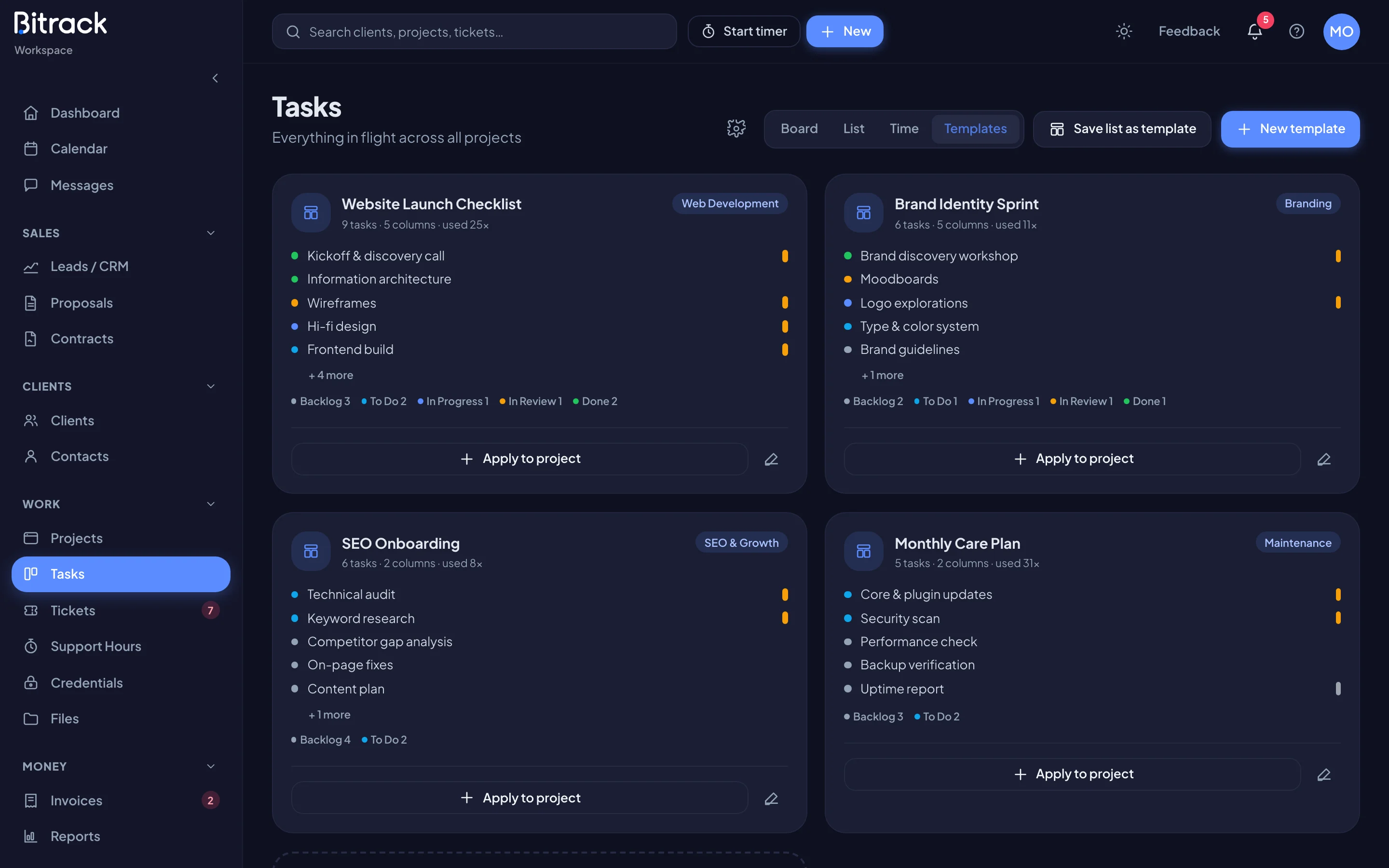 The Templates view on the Tasks page (dark mode)