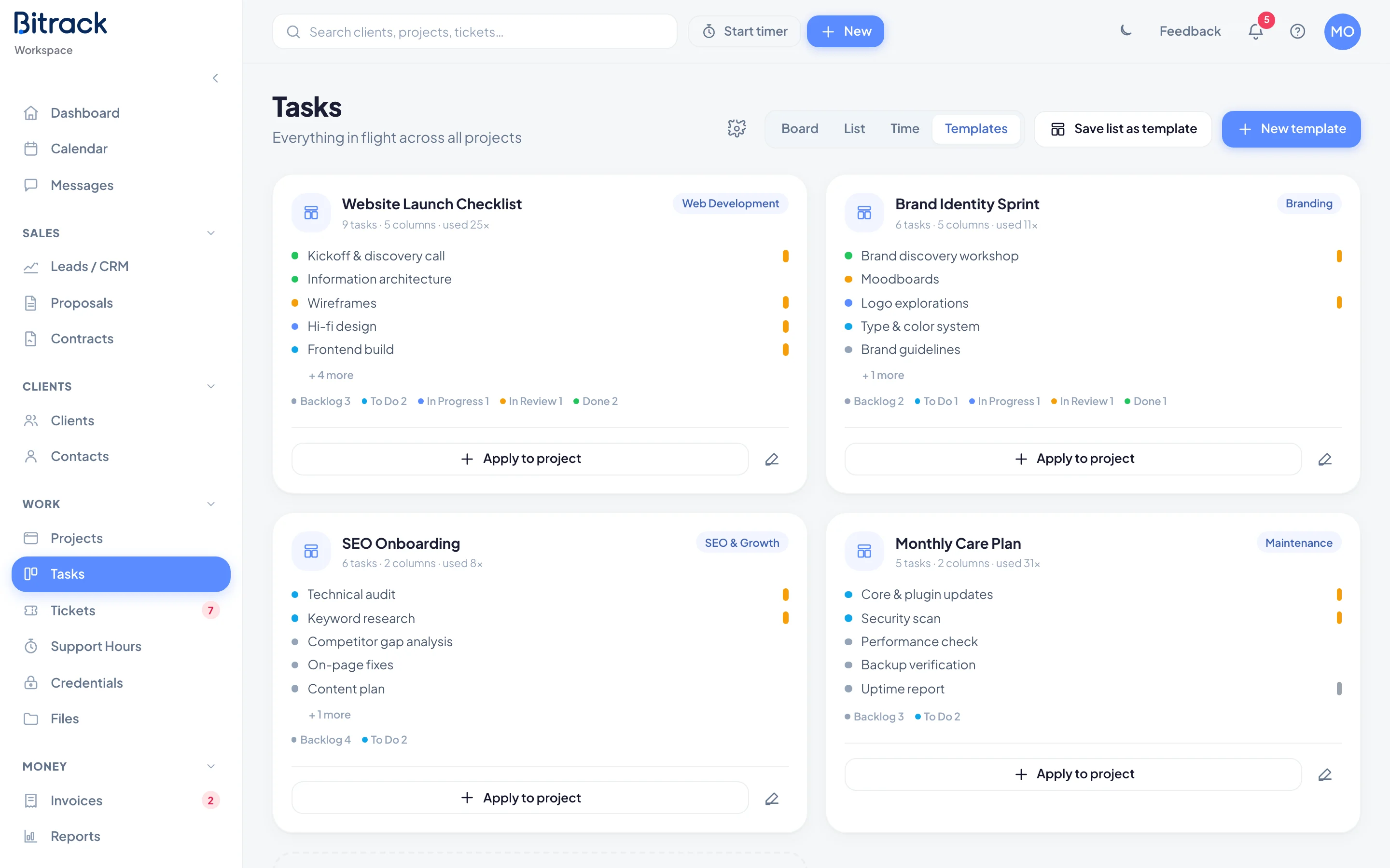 The Templates view on the Tasks page