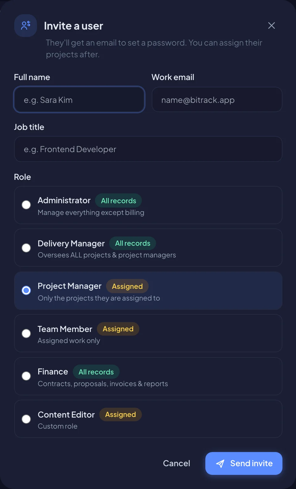 The Invite a user dialog with name, email, job title and a list of roles (dark mode)