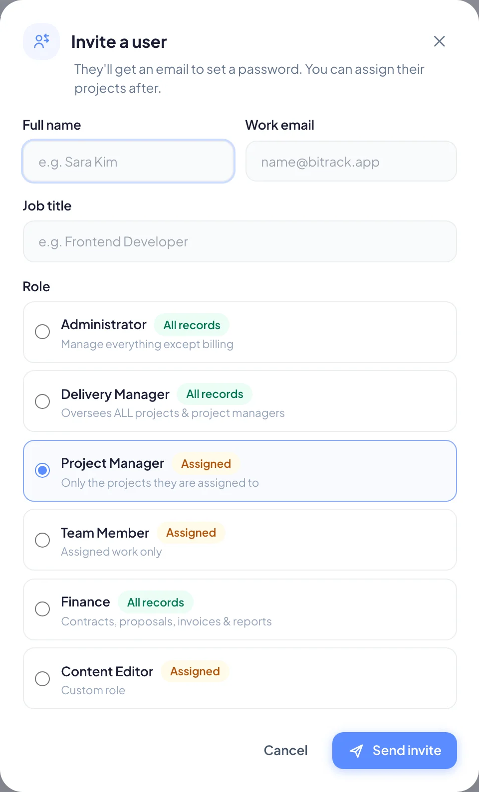 The Invite a user dialog with name, email, job title and a list of roles