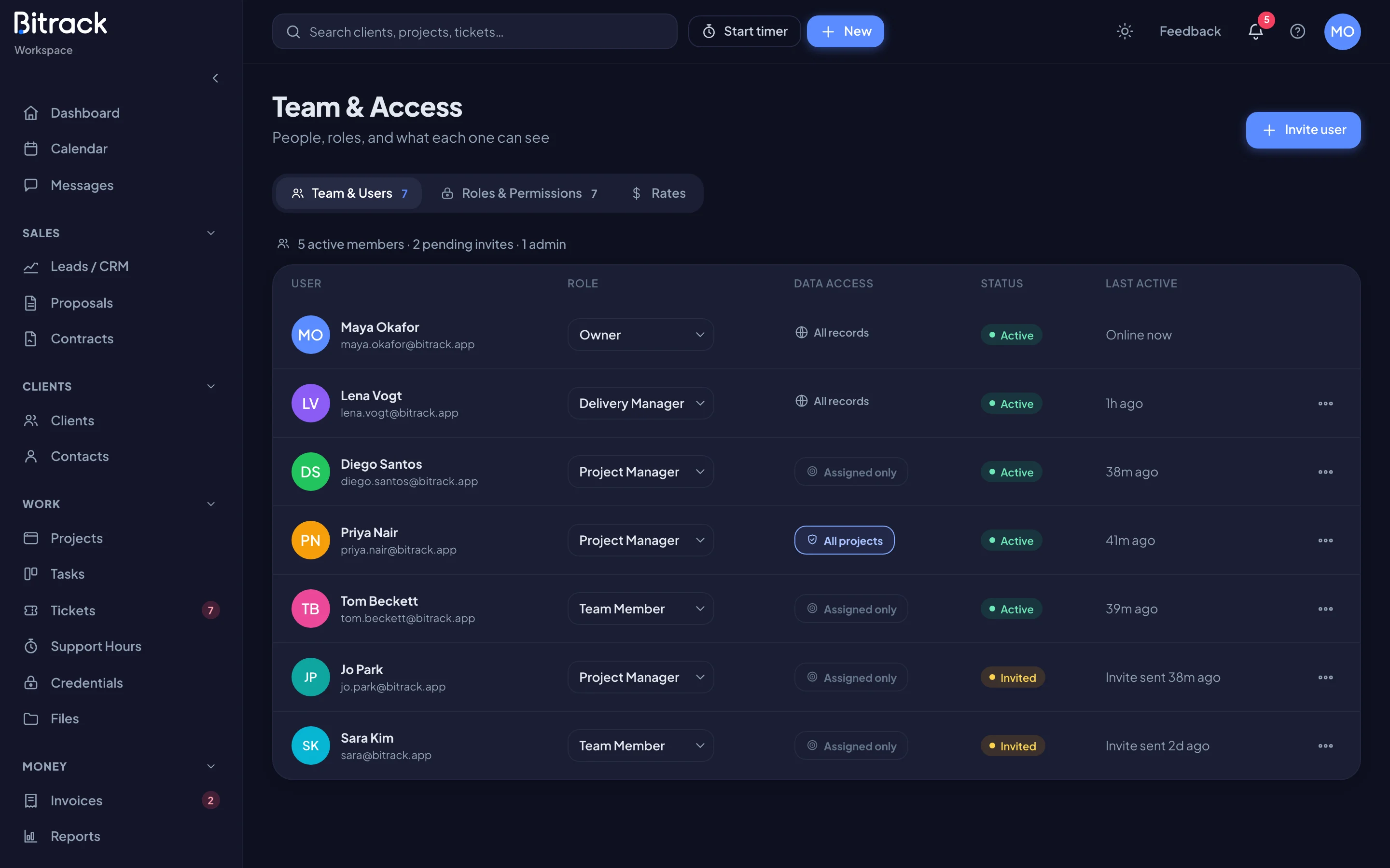 The Team & Users tab in Team & Access, listing members, their roles and status (dark mode)