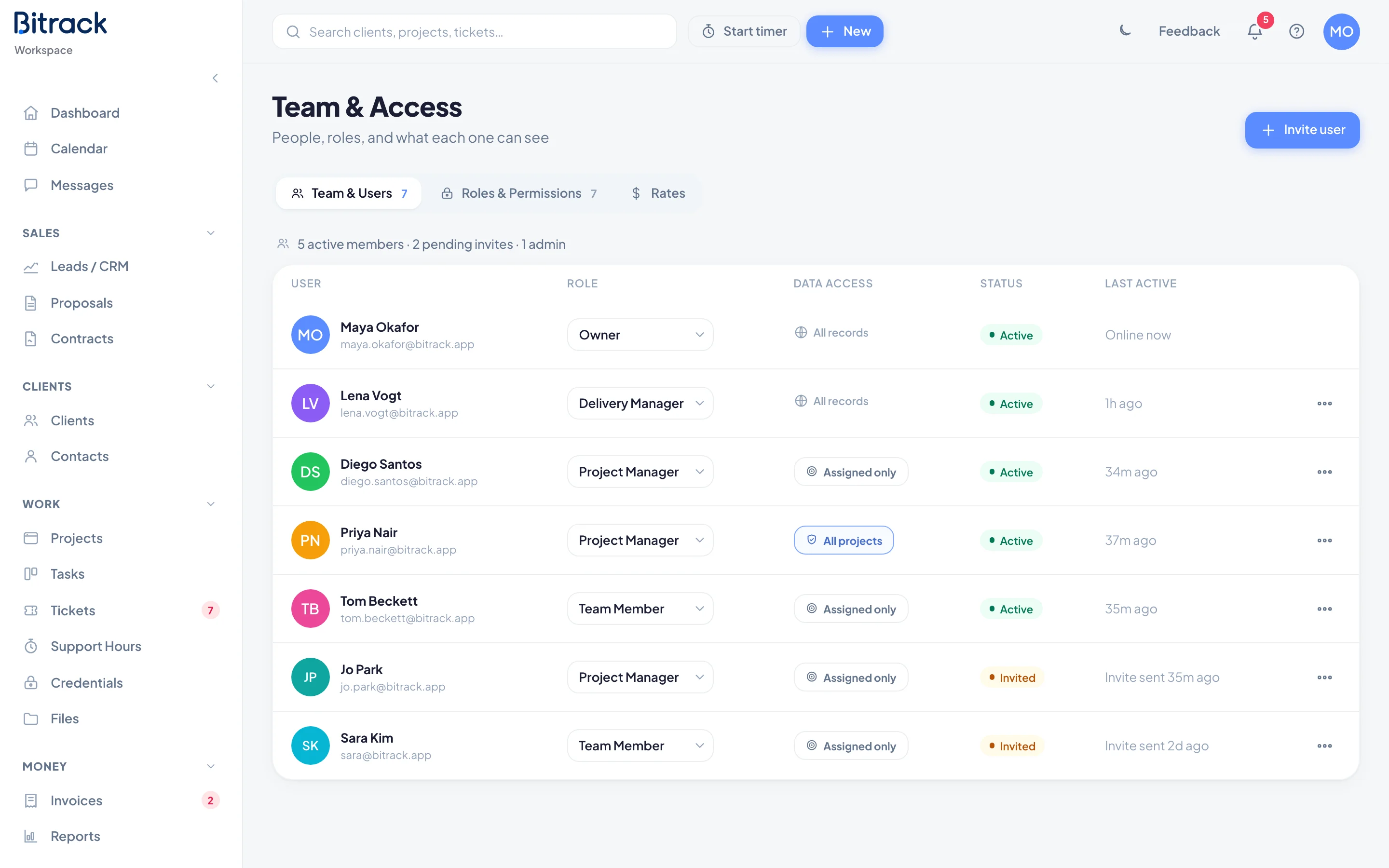 The Team & Users tab in Team & Access, listing members, their roles and status