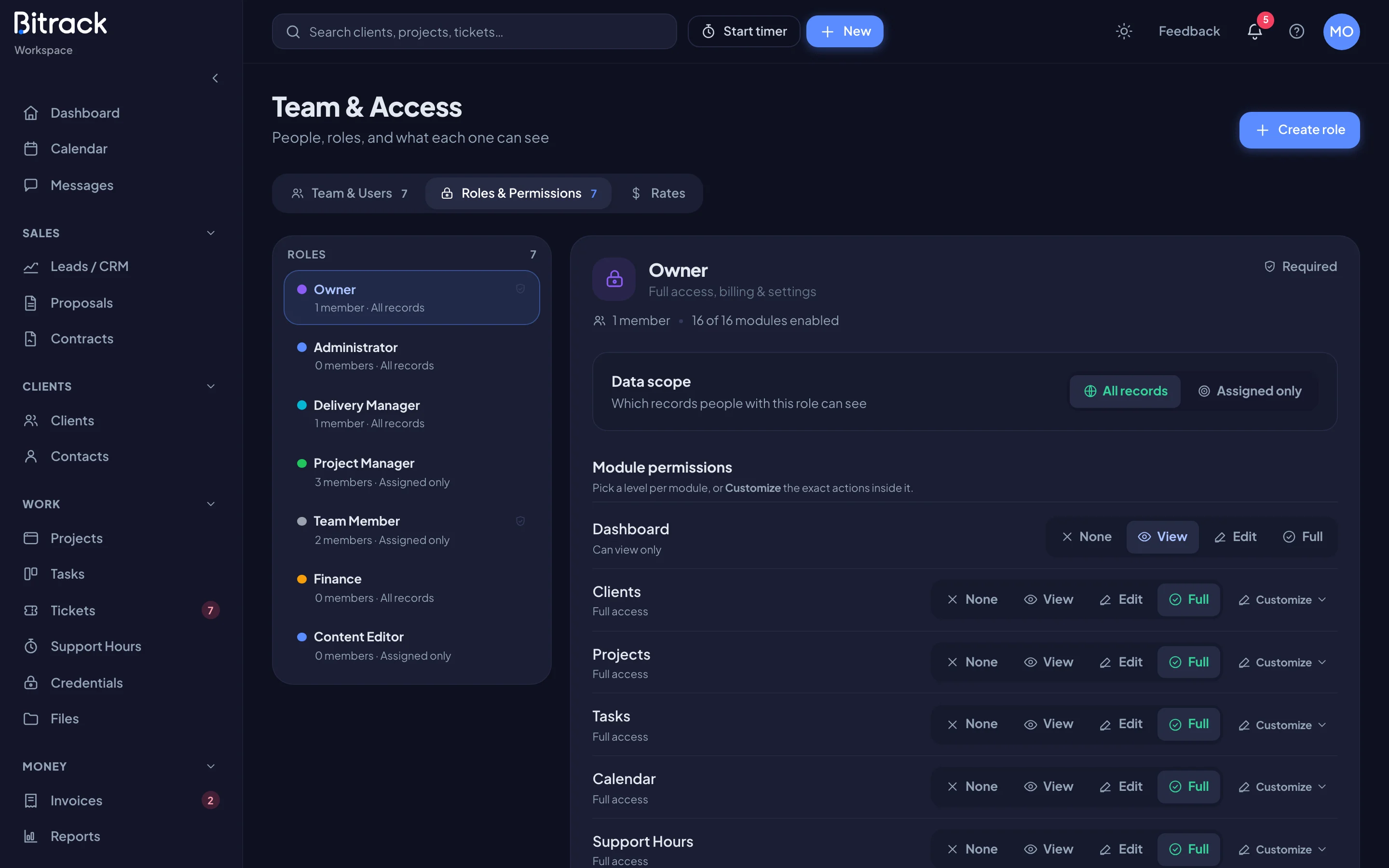 The Roles & Permissions tab: the list of roles on the left and one role’s permissions on the right (dark mode)