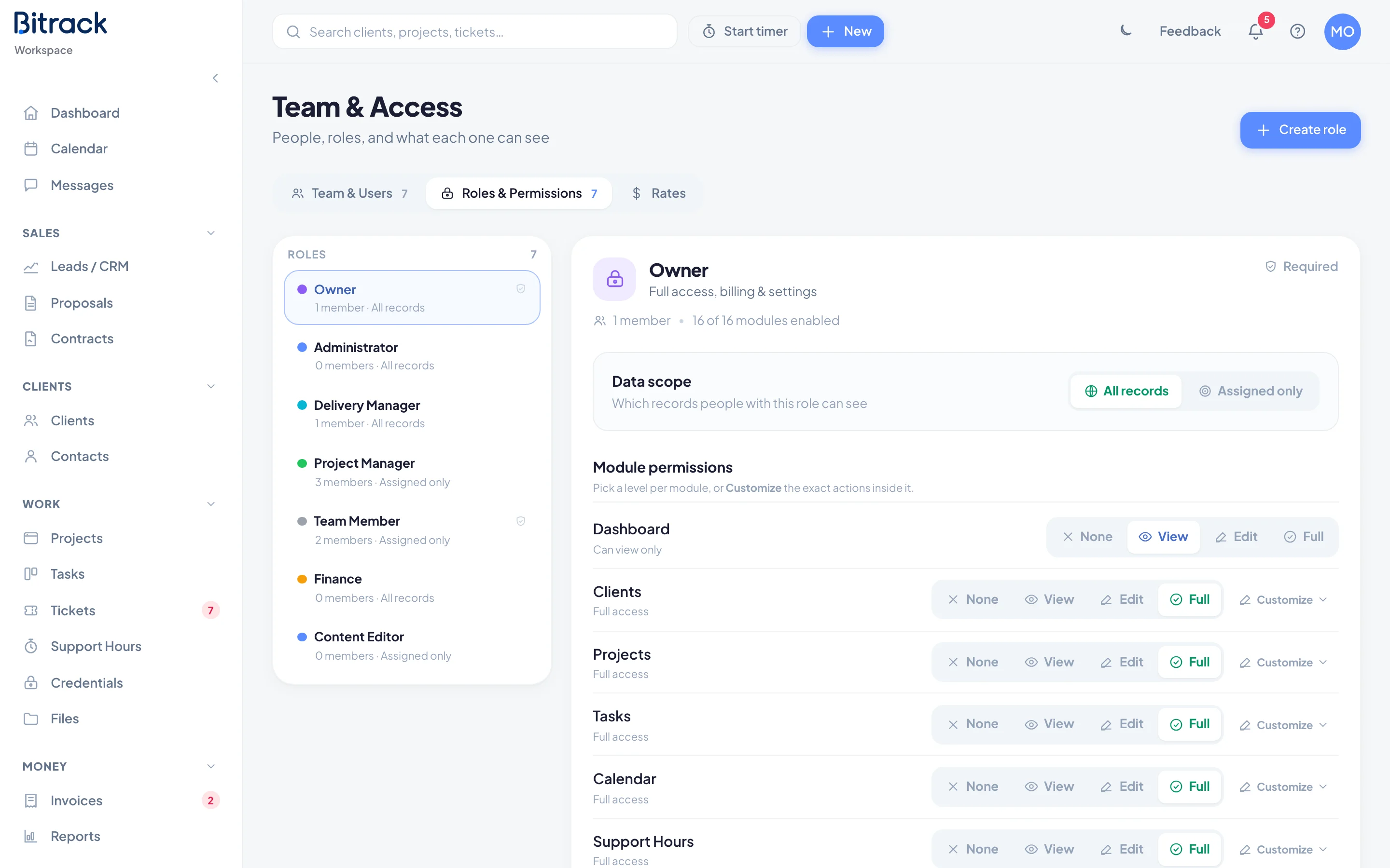 The Roles & Permissions tab: the list of roles on the left and one role’s permissions on the right