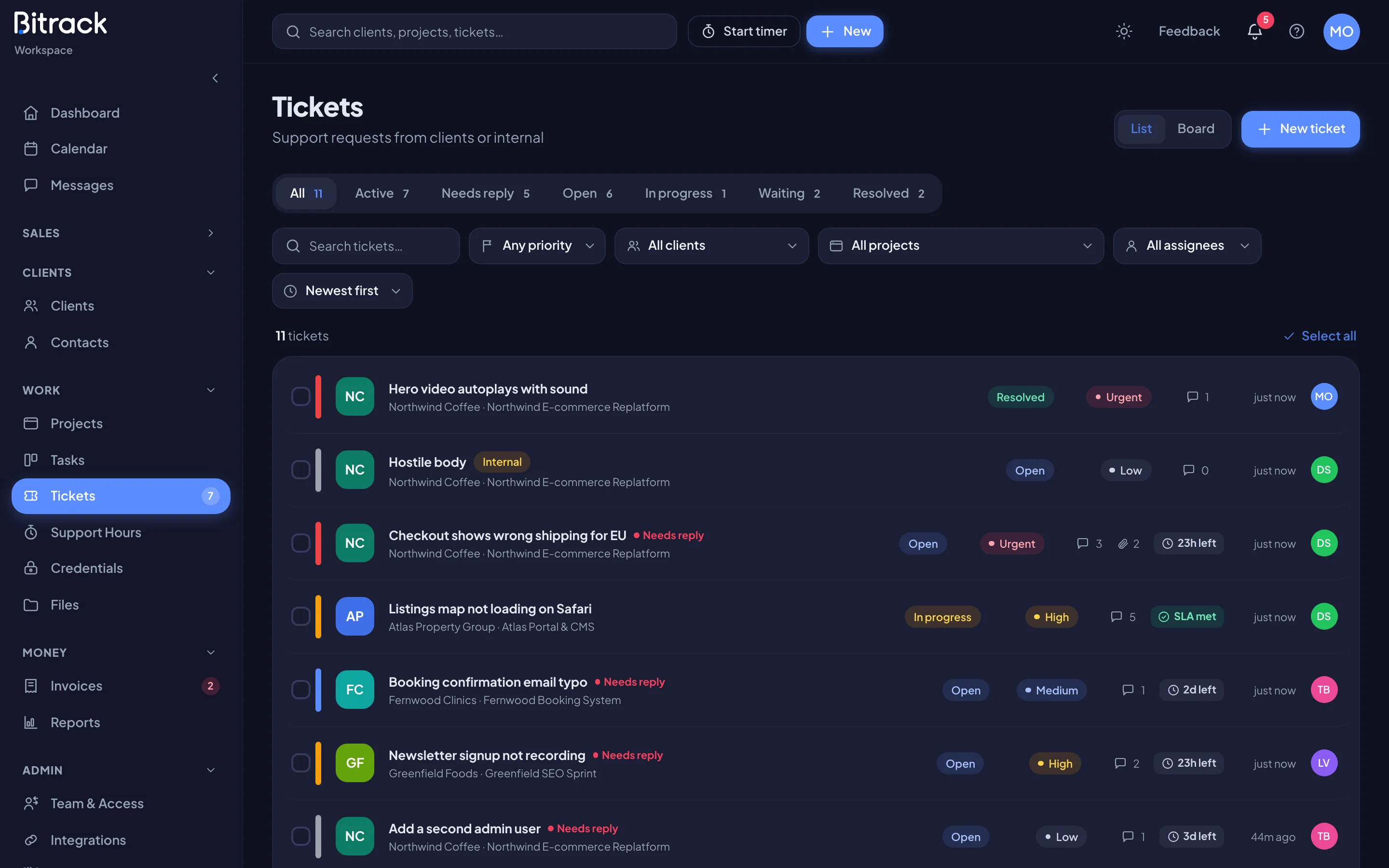 The Tickets page in list view, with status tabs and filters (dark mode)