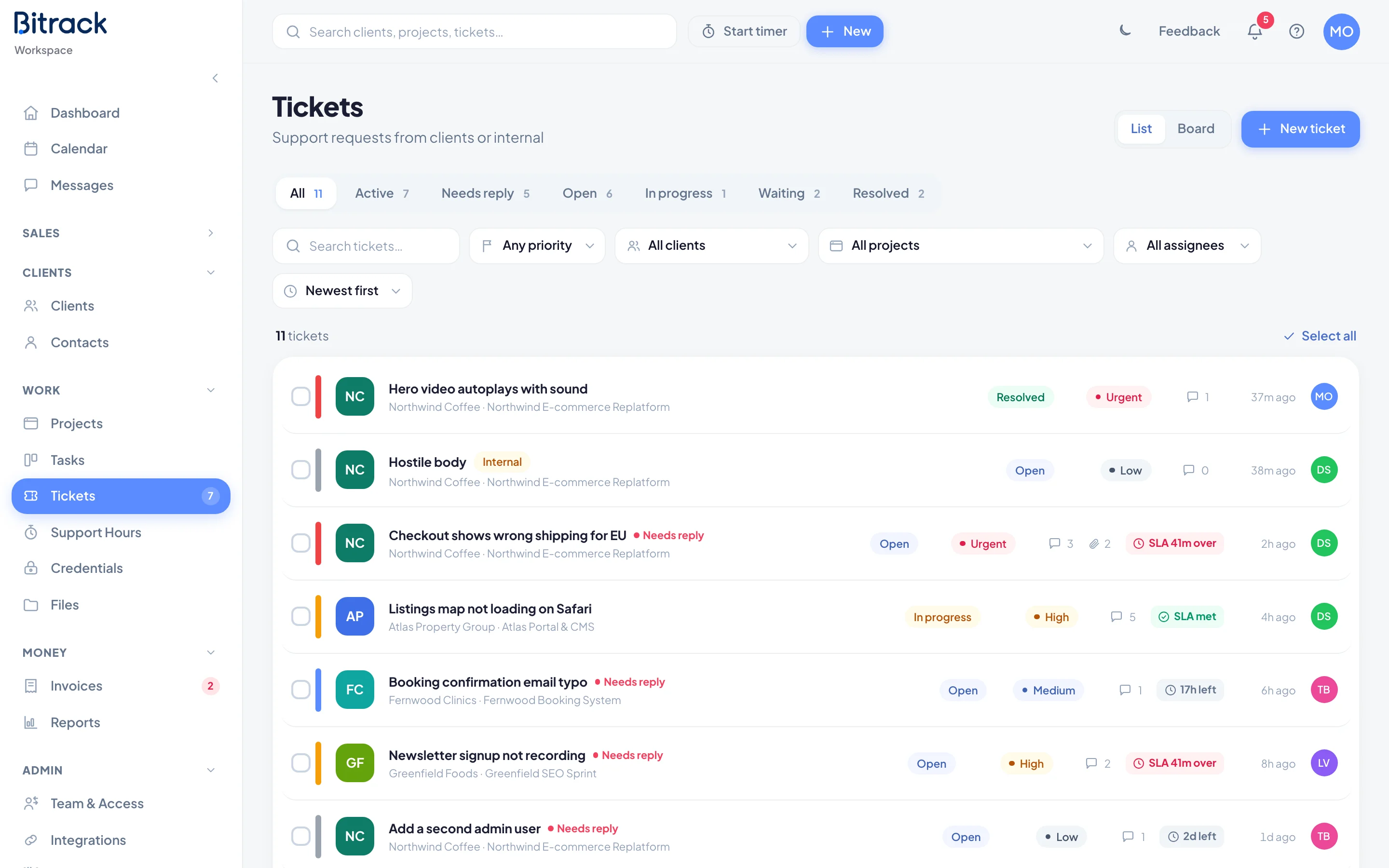 The Tickets page in list view, with status tabs and filters