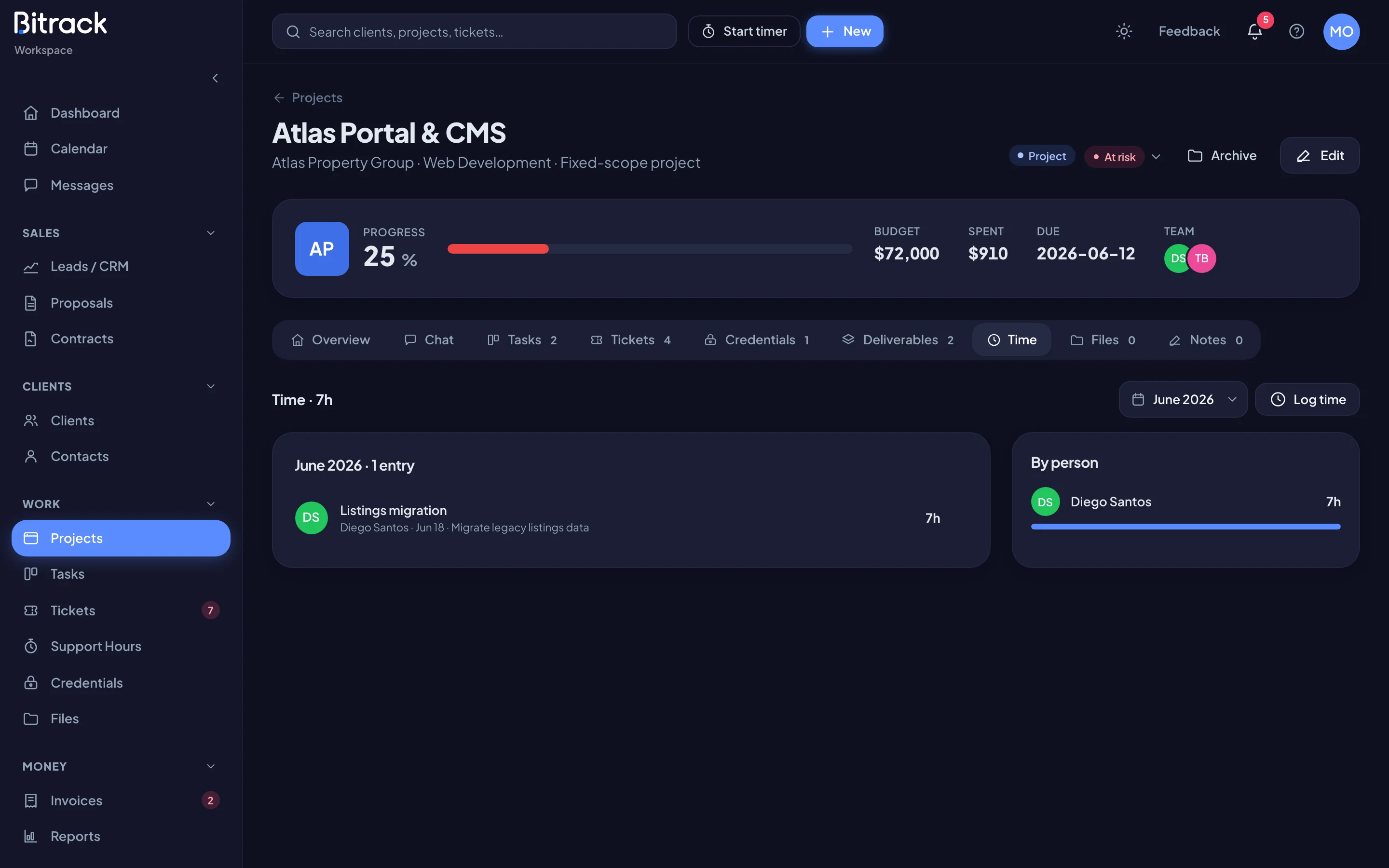 A project's Time tab (dark mode)