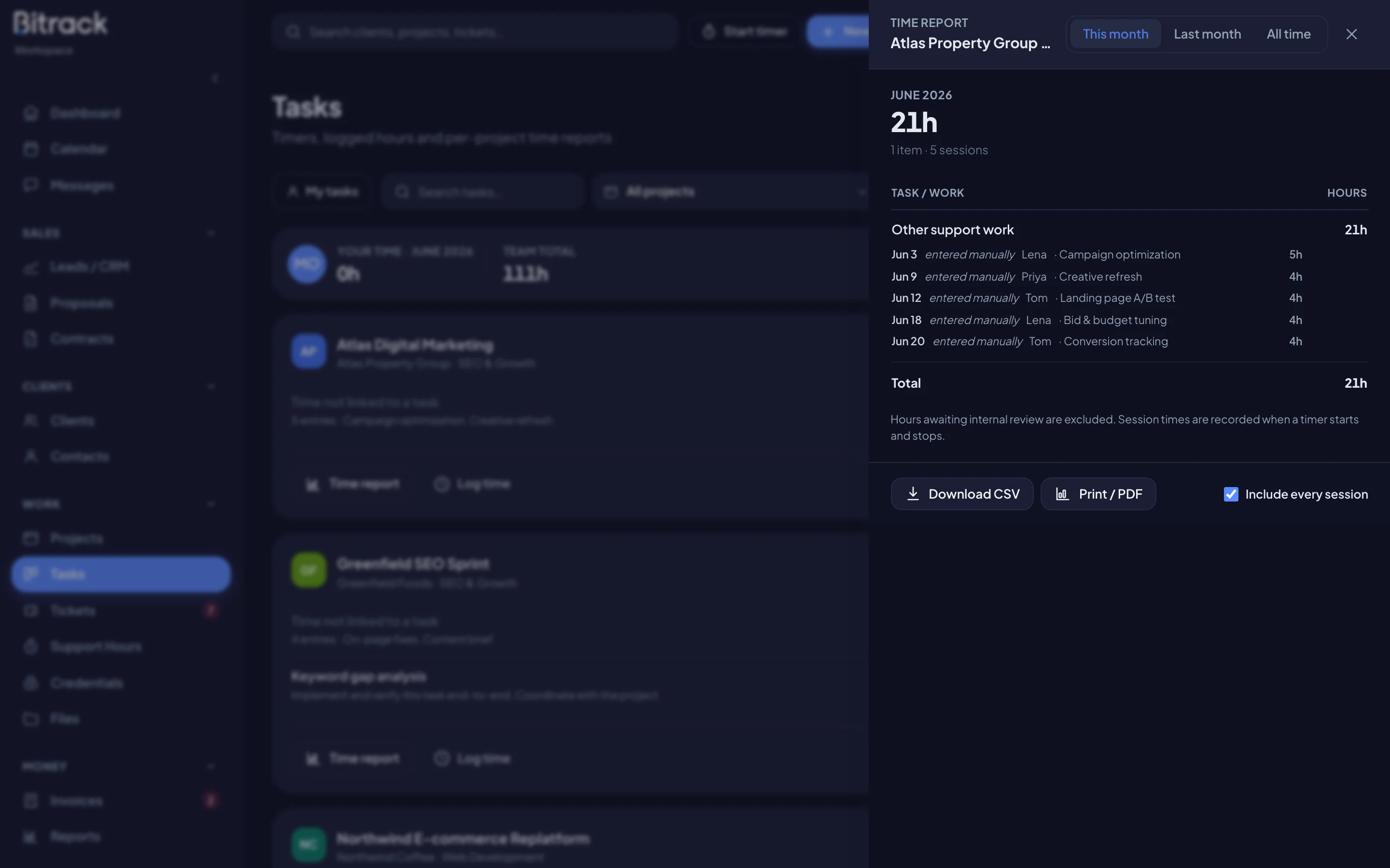 The Time report for a project (dark mode)